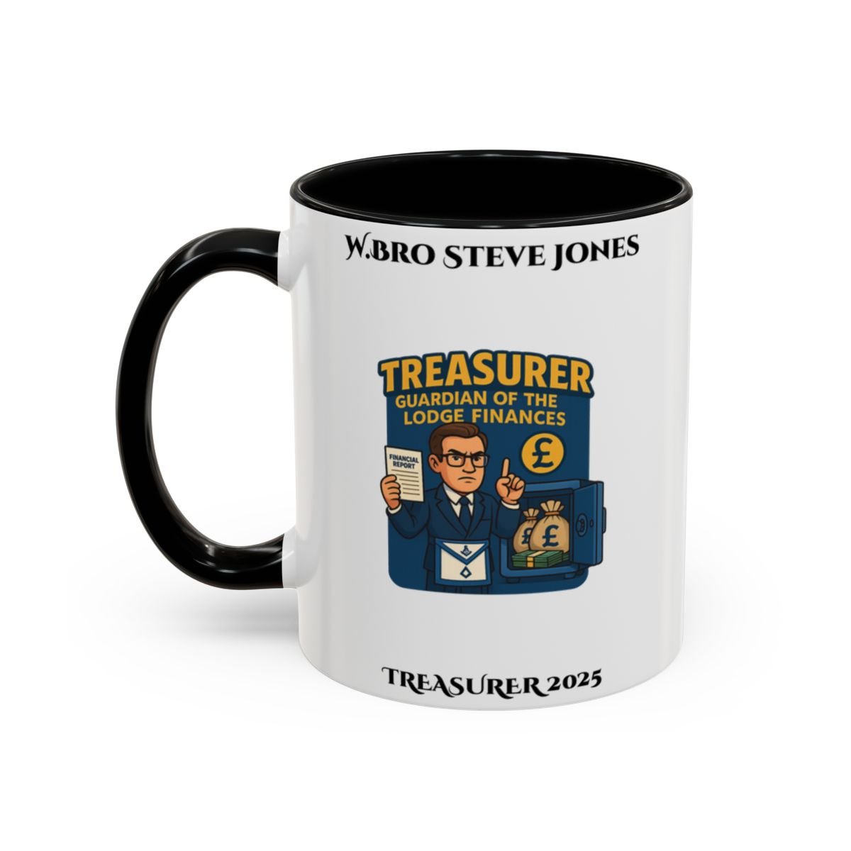 Premium Personalised Freemason Colour Rim Mug - Treasurer Design - Guardian of the lodge finances - Masonic Mugs