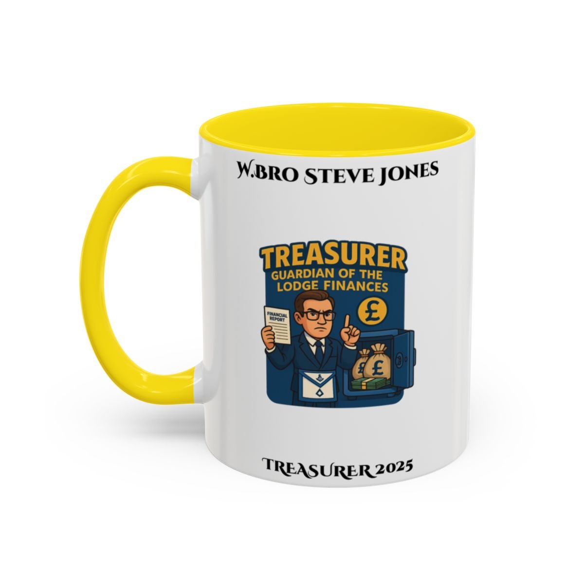 Premium Personalised Freemason Colour Rim Mug - Treasurer Design - Guardian of the lodge finances - Masonic Mugs