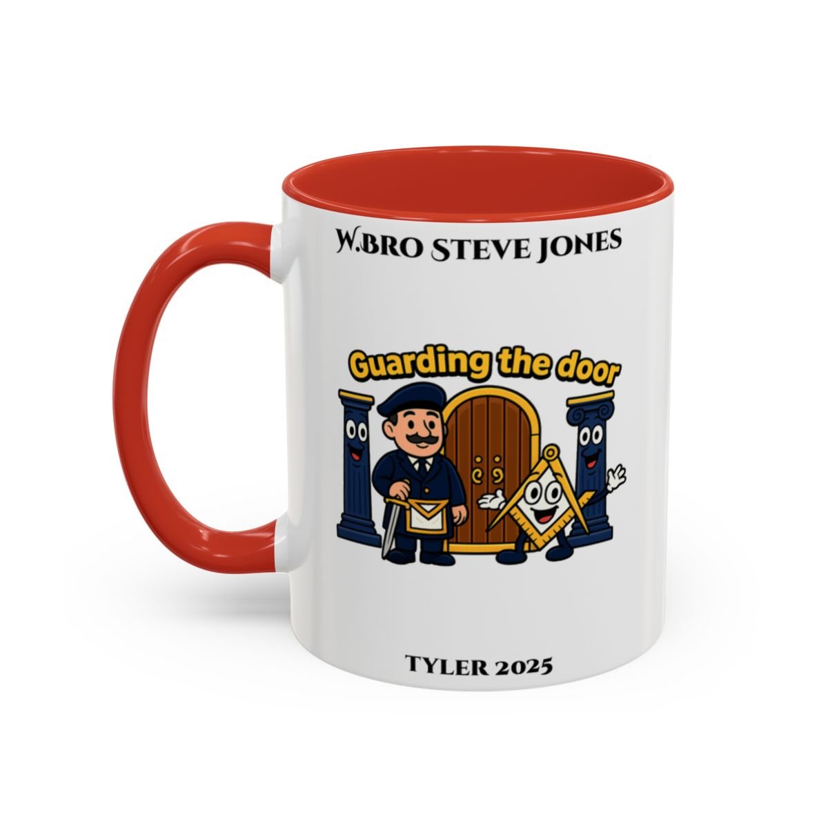 Premium Personalised Freemason Colour Rim Mug - Tyler Design - Guarding the door - Masonic Mugs