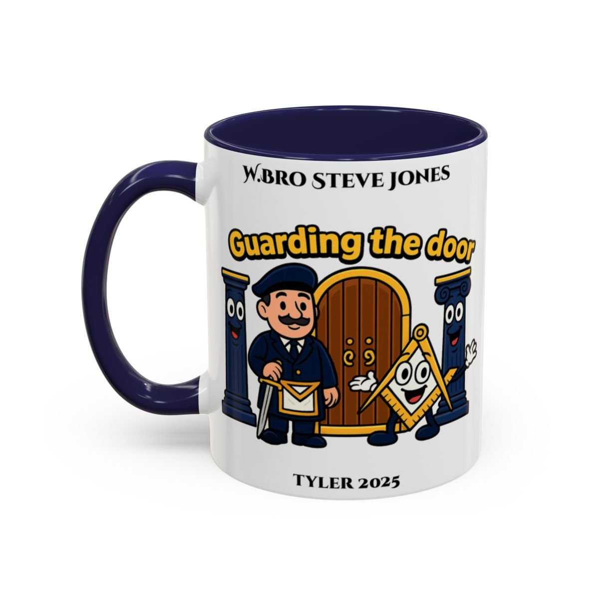 Premium Personalised Freemason Colour Rim Mug - Tyler Design - Guarding the door - Masonic Mugs