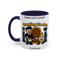 Premium Personalised Freemason Colour Rim Mug - Tyler Design - Guarding the door - Masonic Mugs