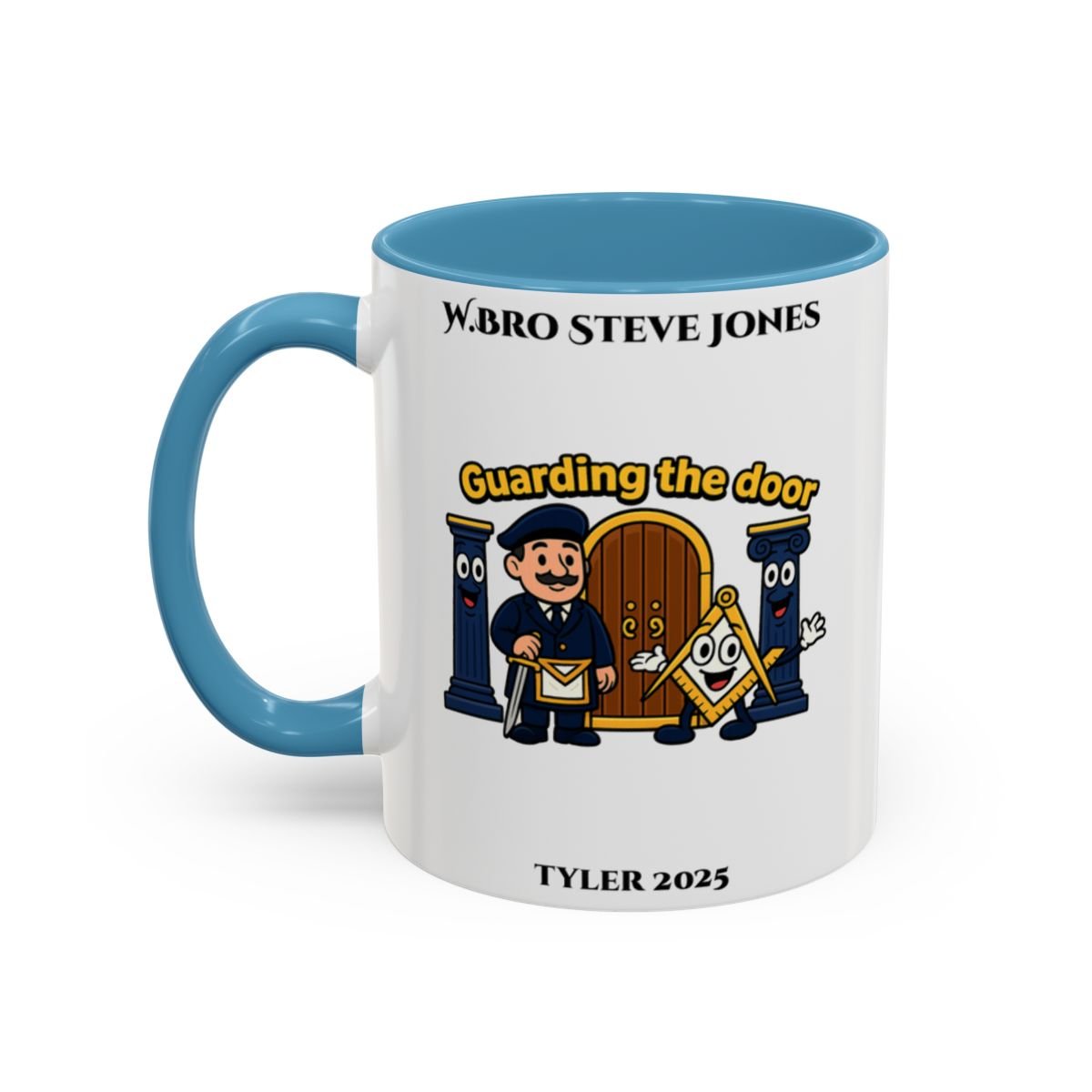 Premium Personalised Freemason Colour Rim Mug - Tyler Design - Guarding the door - Masonic Mugs