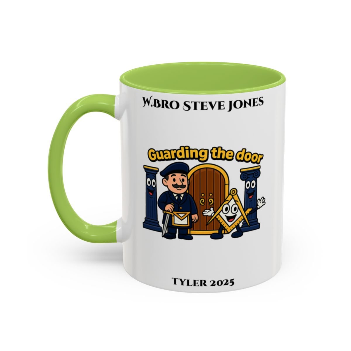 Premium Personalised Freemason Colour Rim Mug - Tyler Design - Guarding the door - Masonic Mugs