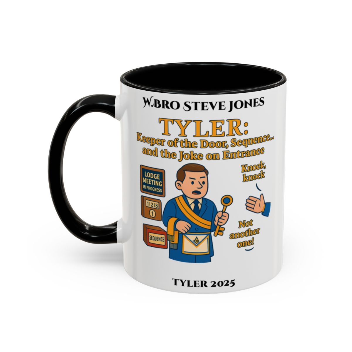 Premium Personalised Freemason Colour Rim Mug - Tyler Design - Keeper of the door - Masonic Mugs