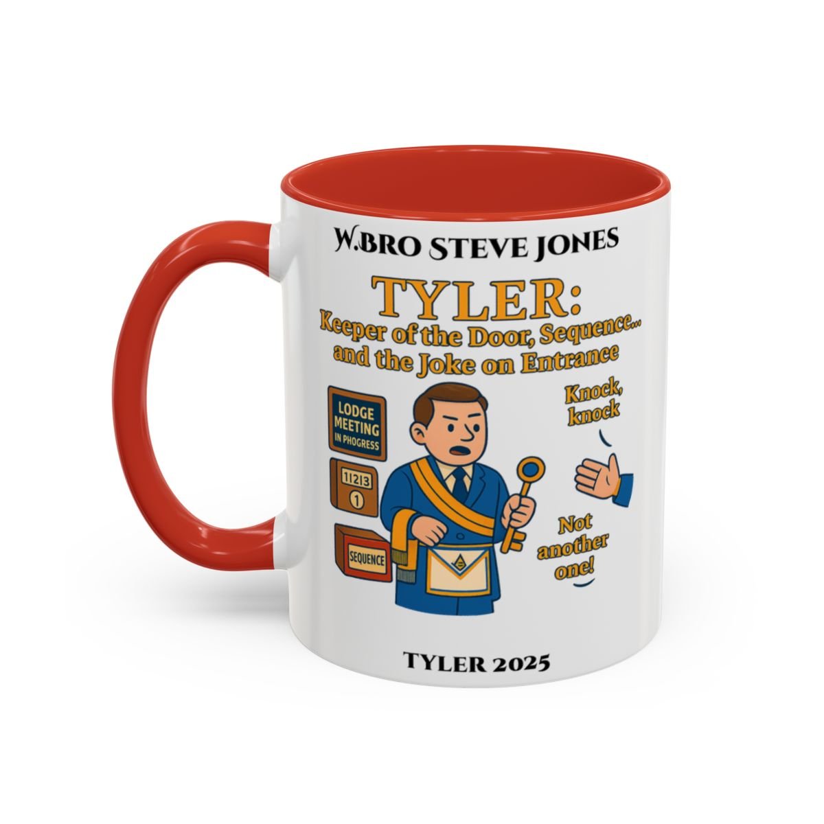 Premium Personalised Freemason Colour Rim Mug - Tyler Design - Keeper of the door - Masonic Mugs
