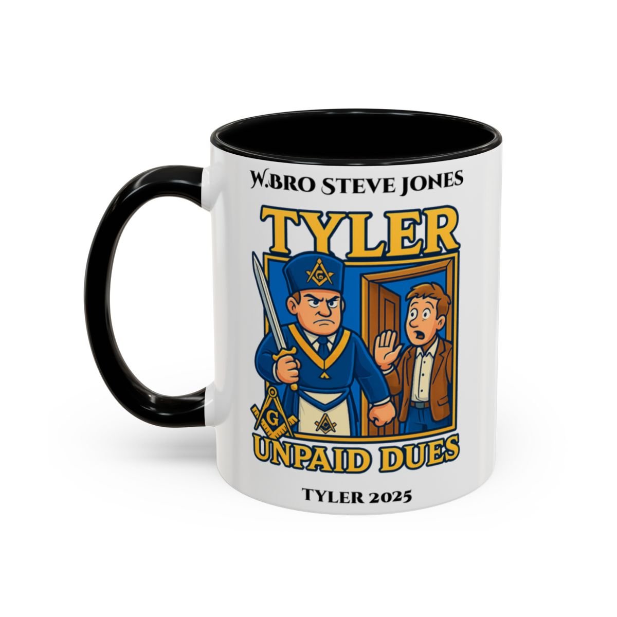 Premium Personalised Freemason Colour Rim Mug - Tyler Design - Unpaid Dues - Masonic Mugs