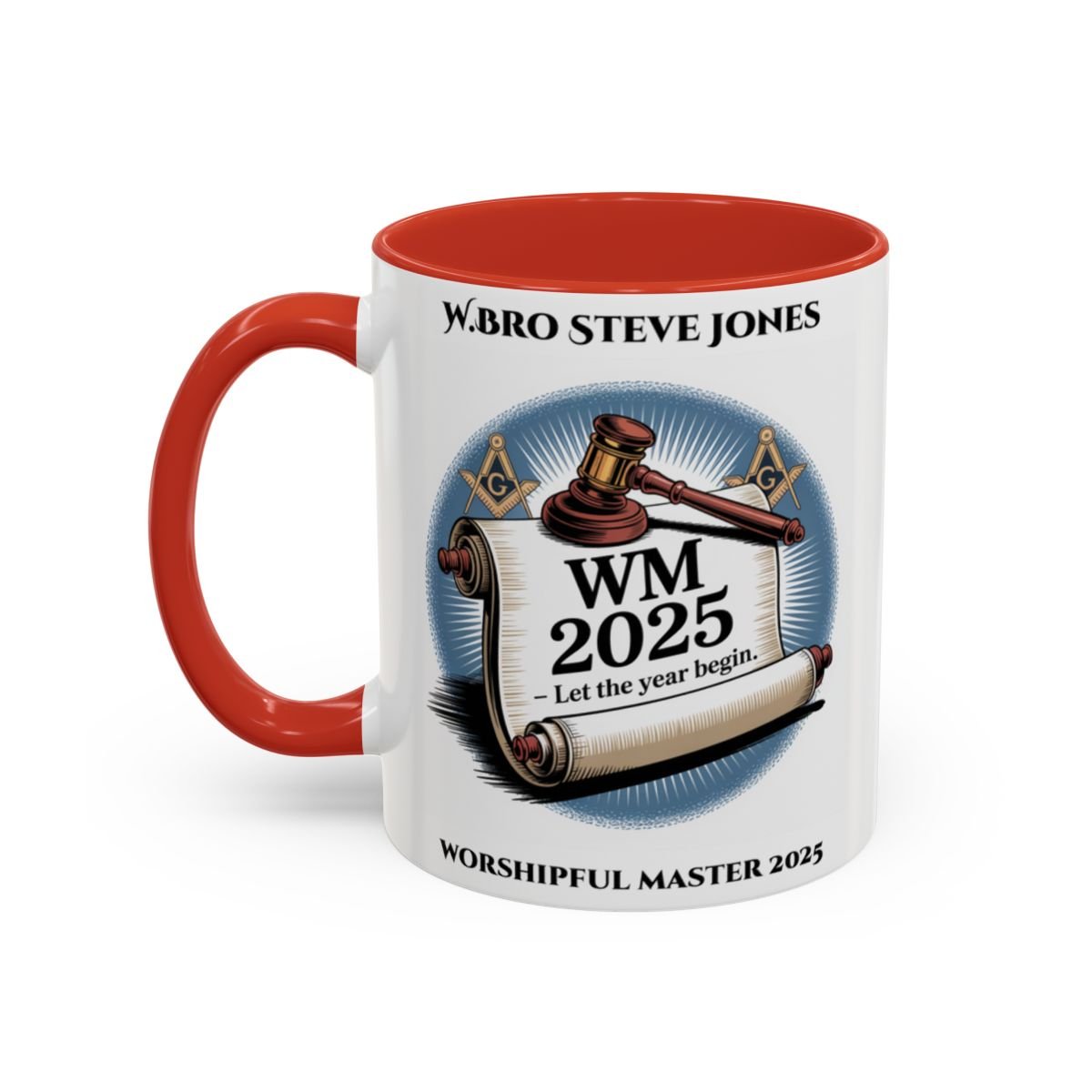 Premium Personalised Freemason Colour Rim Mug - Worshipful Master Design - Let the year begin - Masonic Mugs