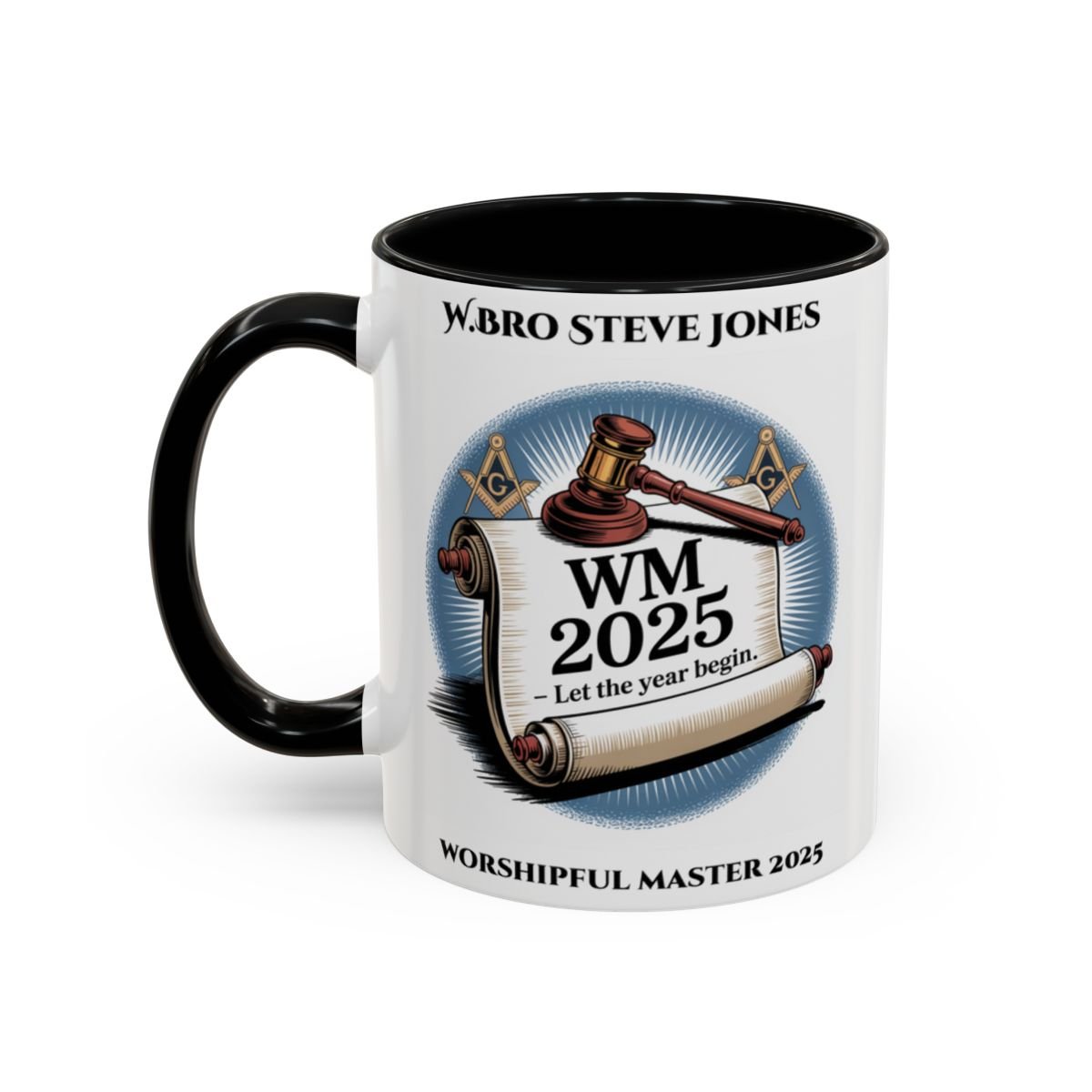 Premium Personalised Freemason Colour Rim Mug - Worshipful Master Design - Let the year begin - Masonic Mugs