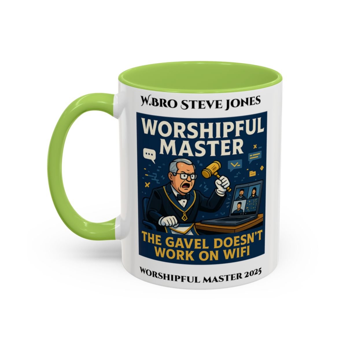 Premium Personalised Freemason Colour Rim Mug - Worshipful Master Design - The gavel doesnt work on wifi - Masonic Mugs
