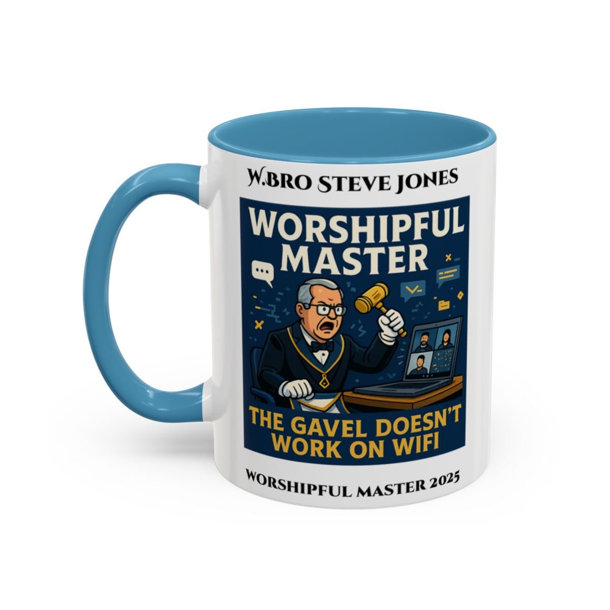 Premium Personalised Freemason Colour Rim Mug - Worshipful Master Design - The gavel doesnt work on wifi - Masonic Mugs