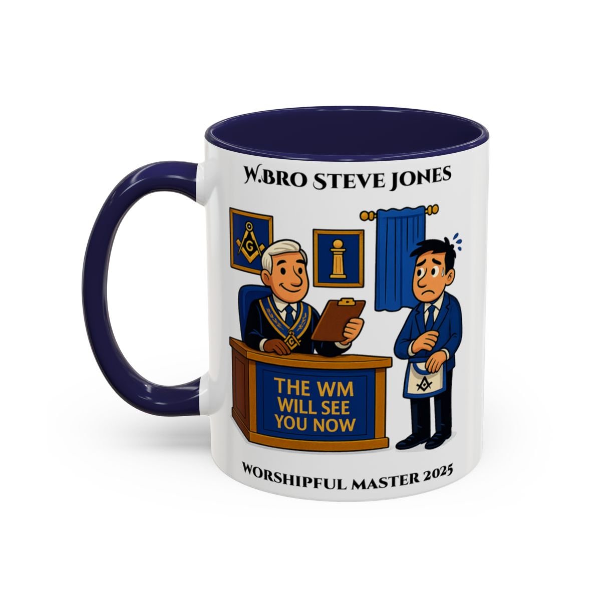 Premium Personalised Freemason Colour Rim Mug - Worshipful Master Design - The WM will see you now - Masonic Mugs