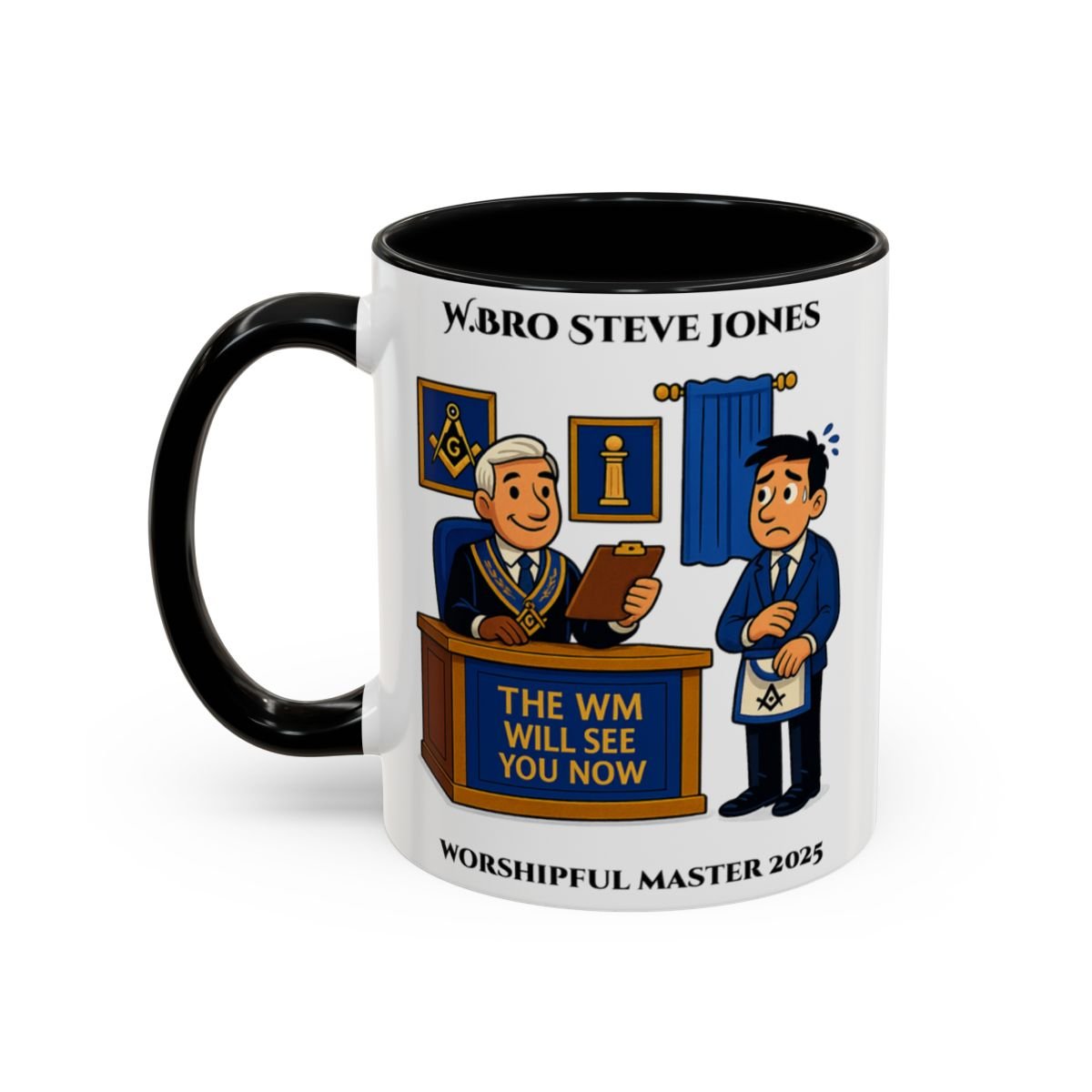 Premium Personalised Freemason Colour Rim Mug - Worshipful Master Design - The WM will see you now - Masonic Mugs