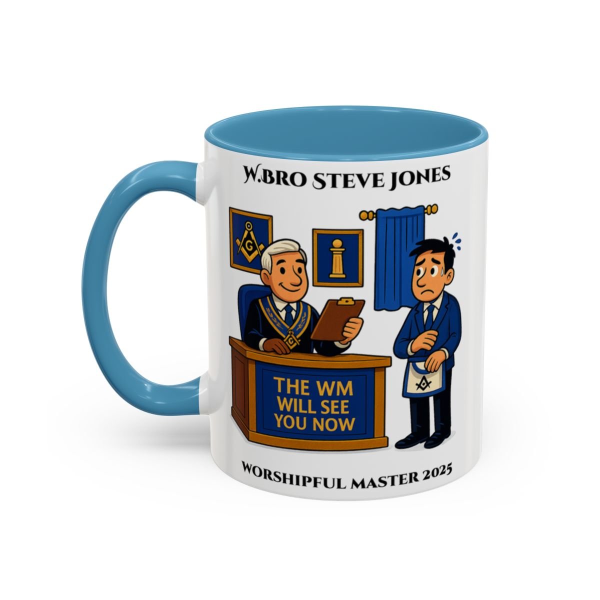 Premium Personalised Freemason Colour Rim Mug - Worshipful Master Design - The WM will see you now - Masonic Mugs