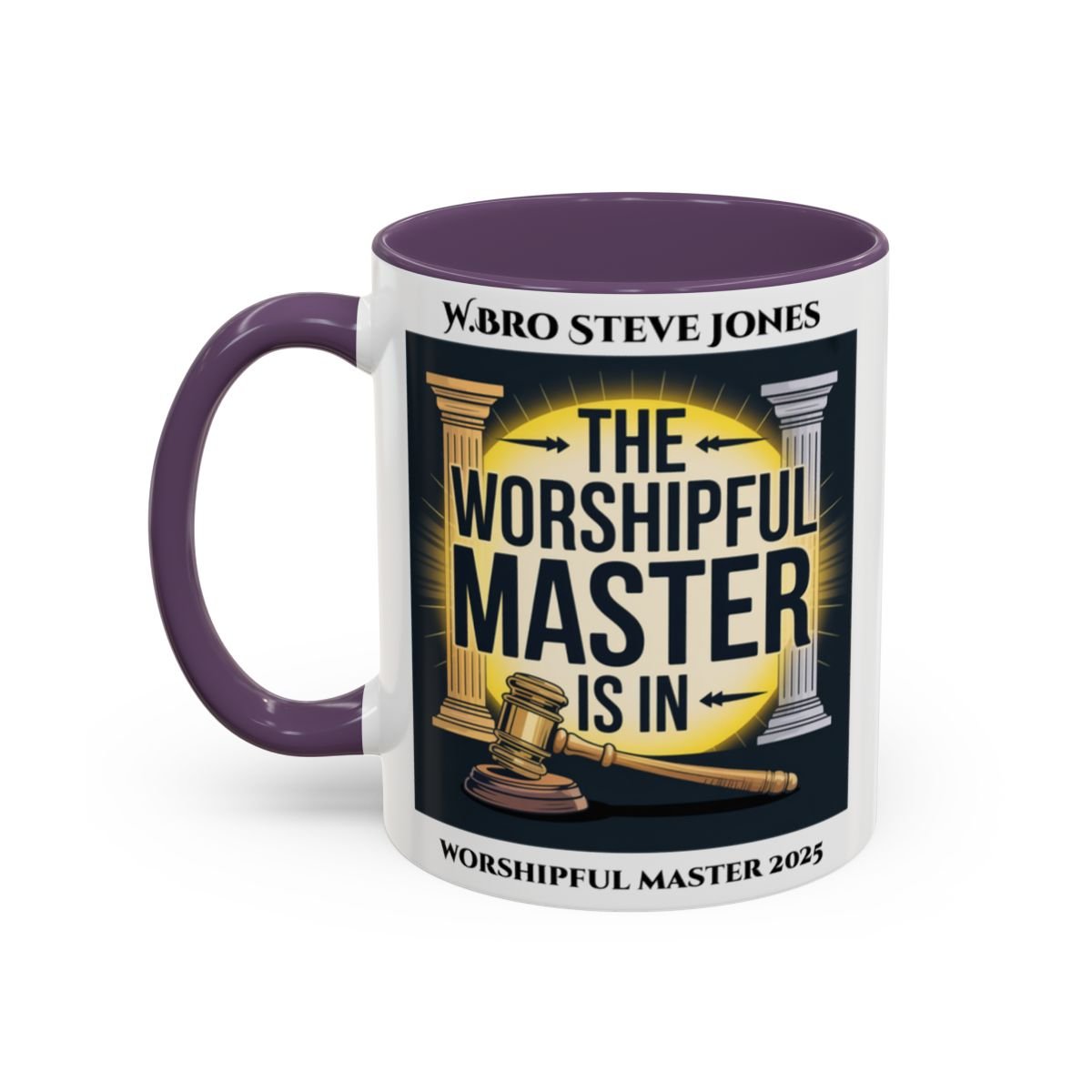 Premium Personalised Freemason Colour Rim Mug - Worshipful Master Design - The Worshipful Master is in - Masonic Mugs