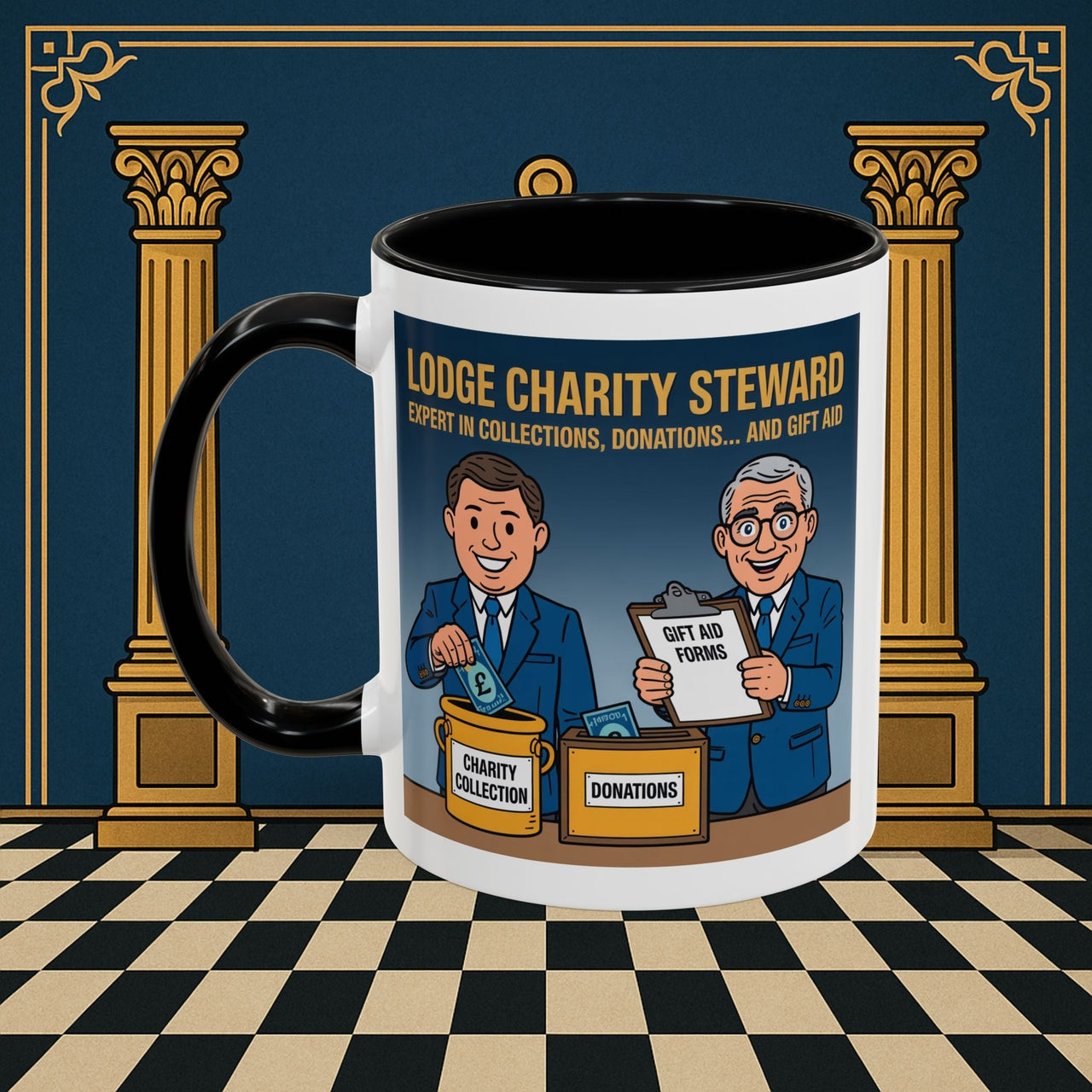 Premium Ready to Go Freemason Design | Accent Coloured 11oz Mug | Charity Collector | Charity Steward - Masonic Mugs