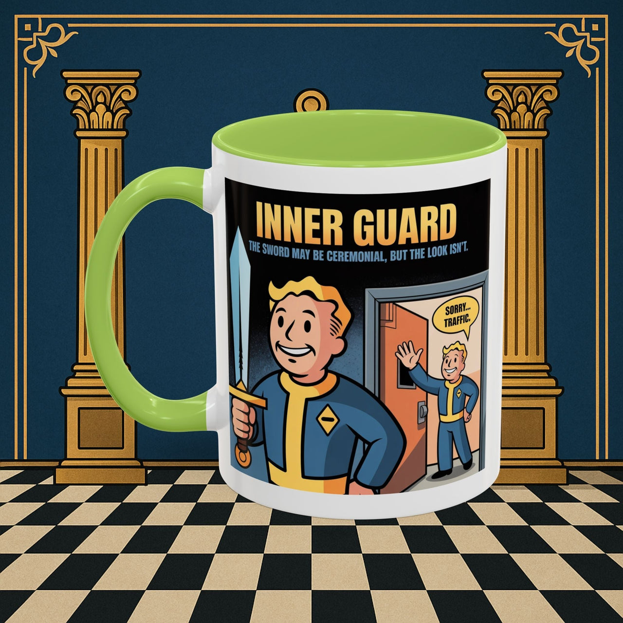 Premium Ready to Go Freemason Design | Accent Coloured 11oz Mug | Inner Guard's Warning | Inner Guard - Masonic Mugs