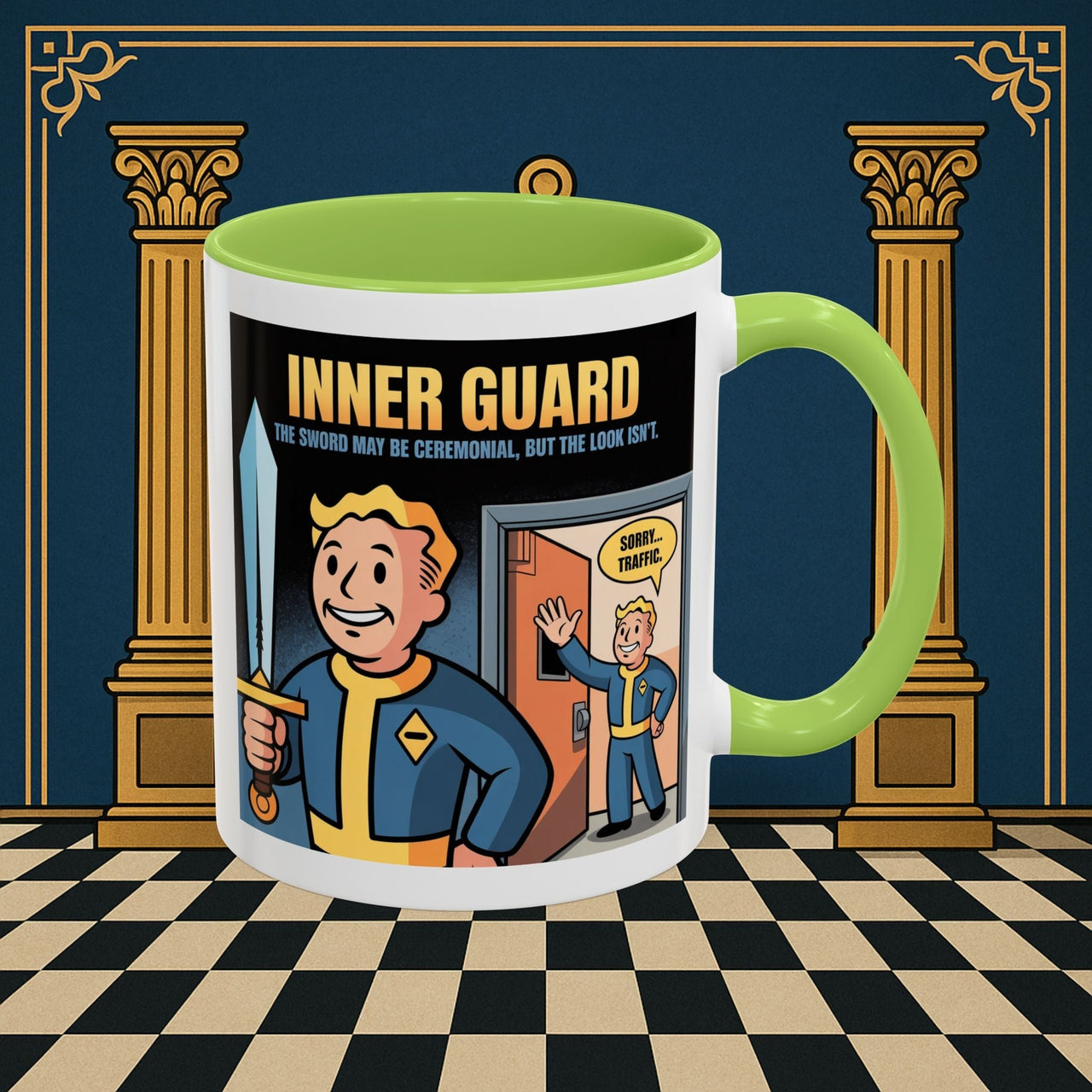 Premium Ready to Go Freemason Design | Accent Coloured 11oz Mug | Inner Guard's Warning | Inner Guard - Masonic Mugs