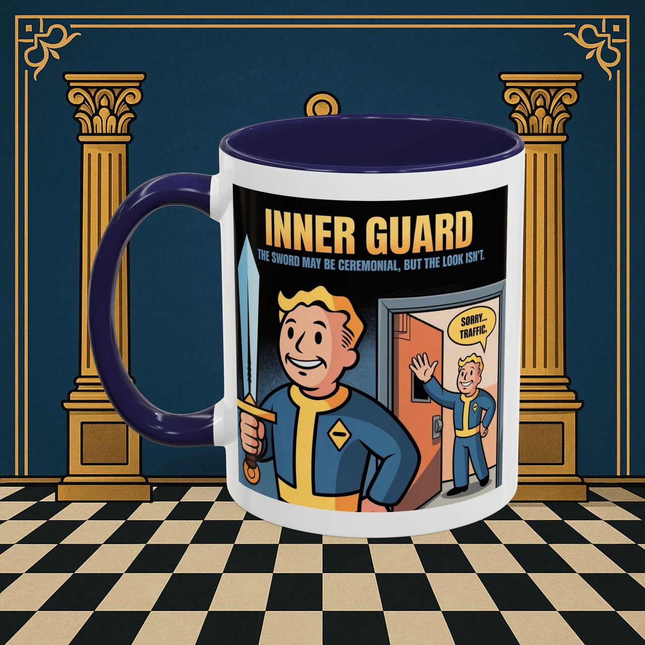 Premium Ready to Go Freemason Design | Accent Coloured 11oz Mug | Inner Guard's Warning | Inner Guard - Masonic Mugs