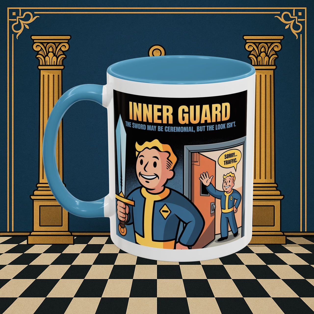 Premium Ready to Go Freemason Design | Accent Coloured 11oz Mug | Inner Guard's Warning | Inner Guard - Masonic Mugs