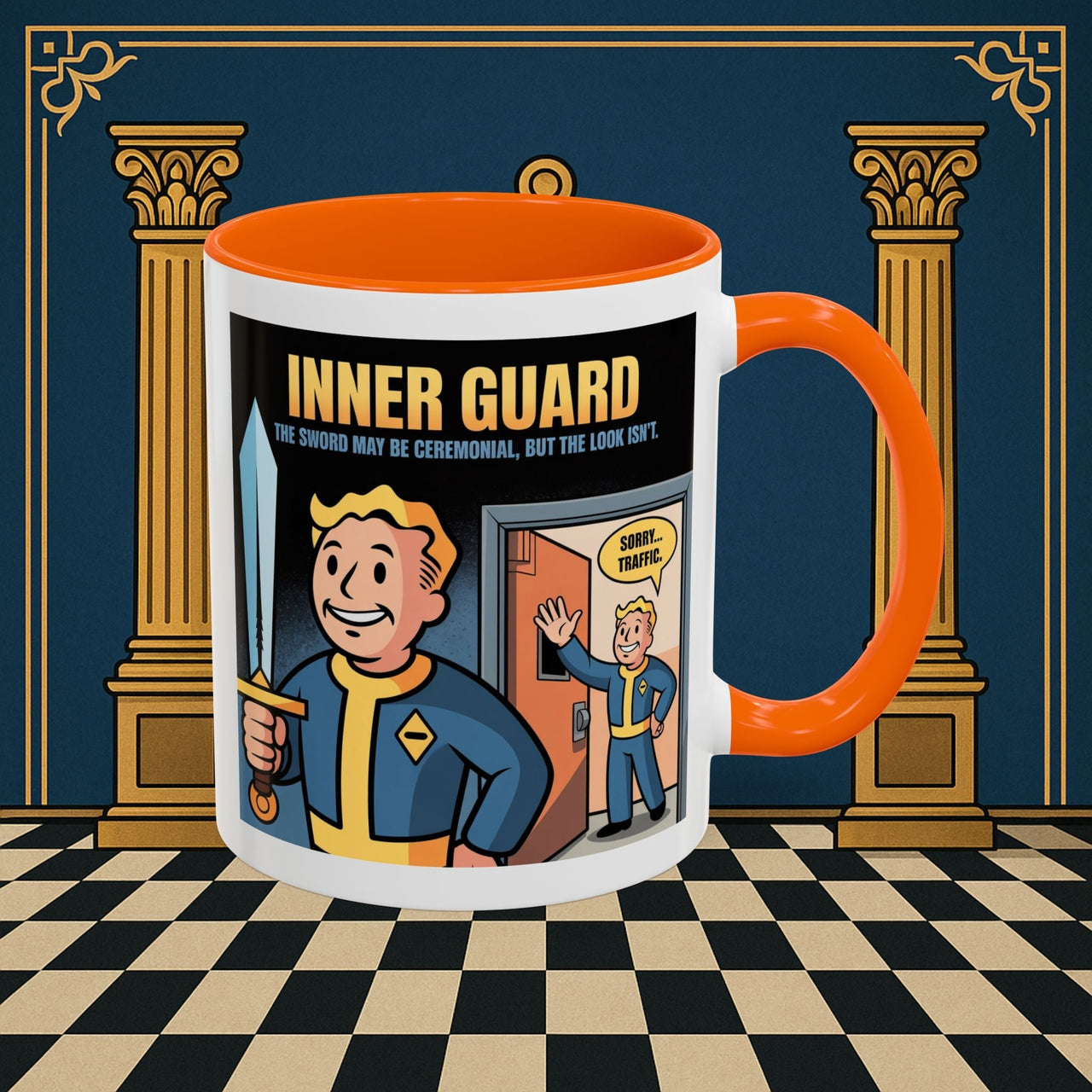 Premium Ready to Go Freemason Design | Accent Coloured 11oz Mug | Inner Guard's Warning | Inner Guard - Masonic Mugs