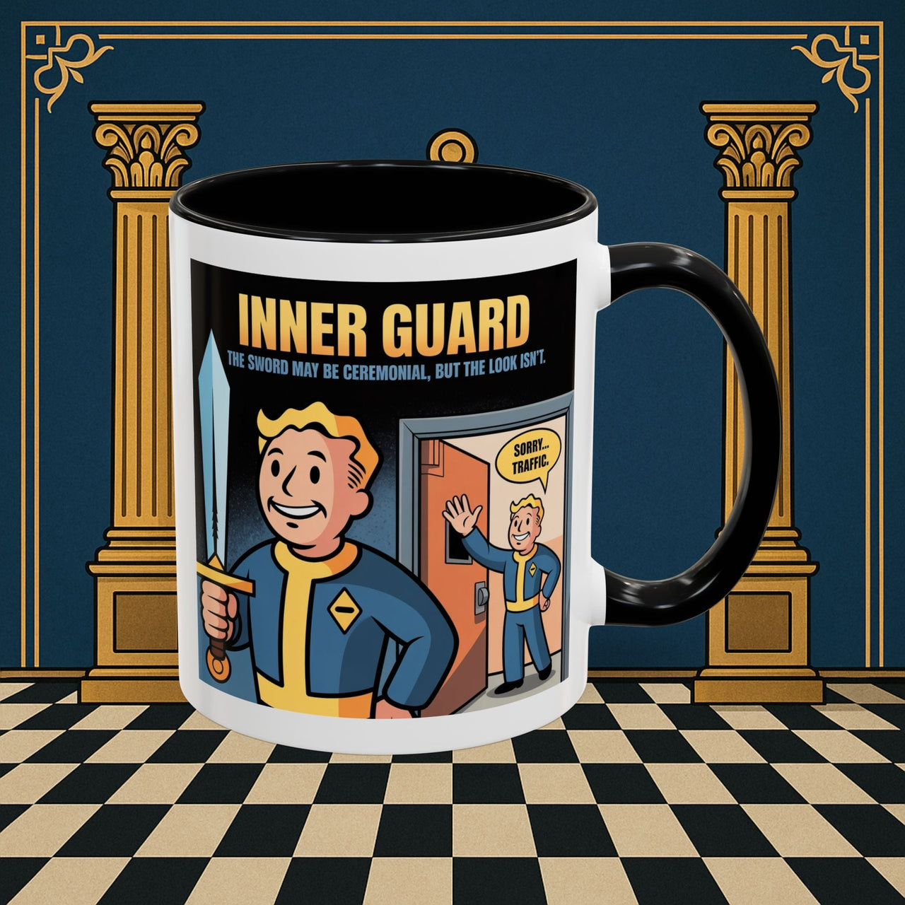Premium Ready to Go Freemason Design | Accent Coloured 11oz Mug | Inner Guard's Warning | Inner Guard - Masonic Mugs