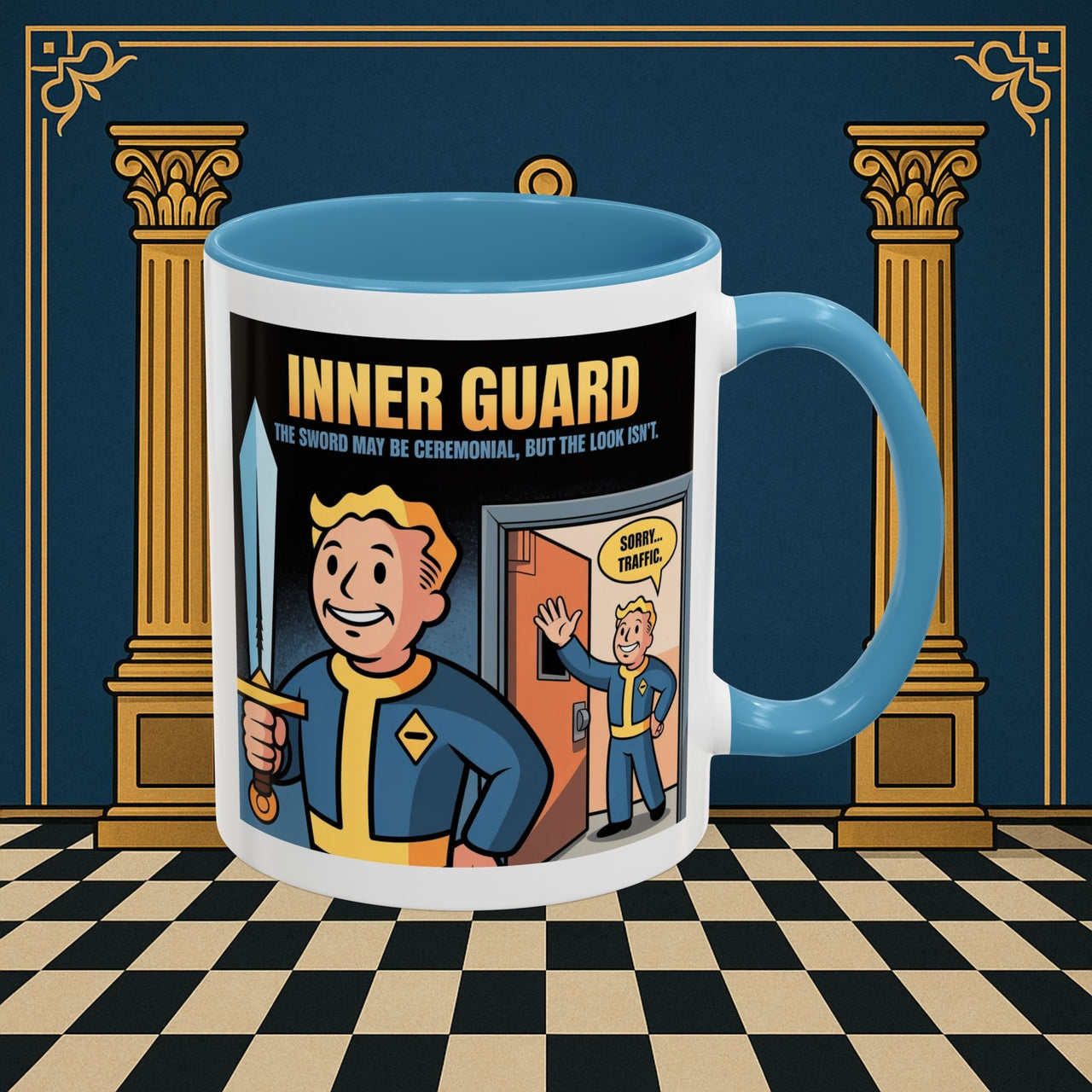 Premium Ready to Go Freemason Design | Accent Coloured 11oz Mug | Inner Guard's Warning | Inner Guard - Masonic Mugs