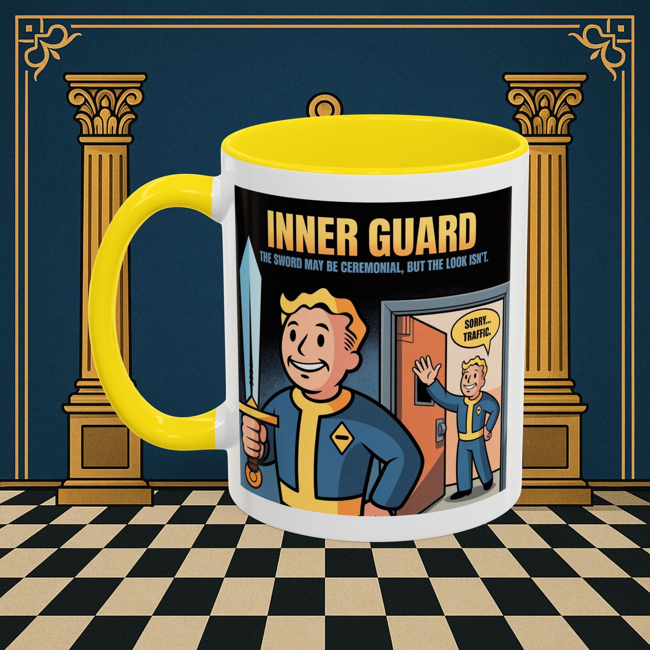 Premium Ready to Go Freemason Design | Accent Coloured 11oz Mug | Inner Guard's Warning | Inner Guard - Masonic Mugs