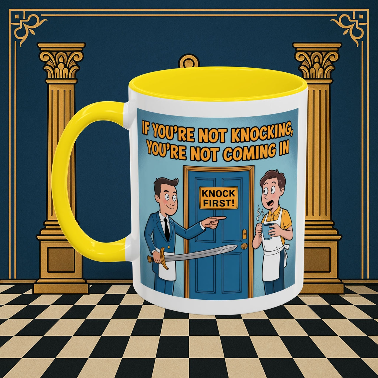 Premium Ready to Go Freemason Design | Accent Coloured 11oz Mug | Knock or Else | Inner Guard - Masonic Mugs