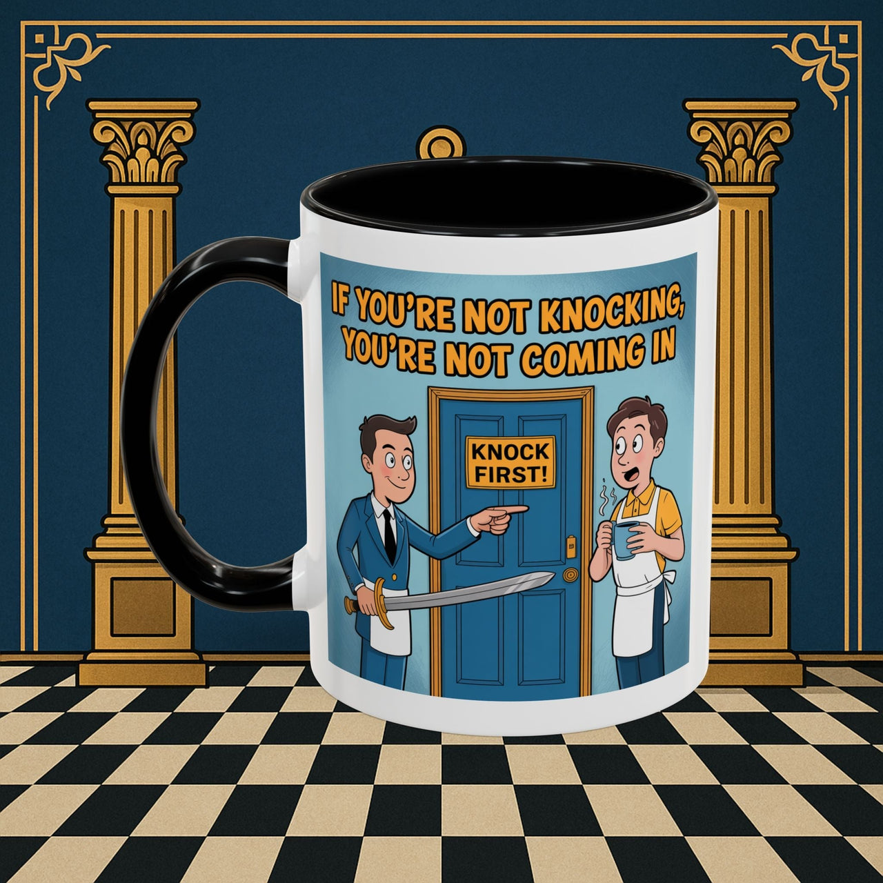 Premium Ready to Go Freemason Design | Accent Coloured 11oz Mug | Knock or Else | Inner Guard - Masonic Mugs
