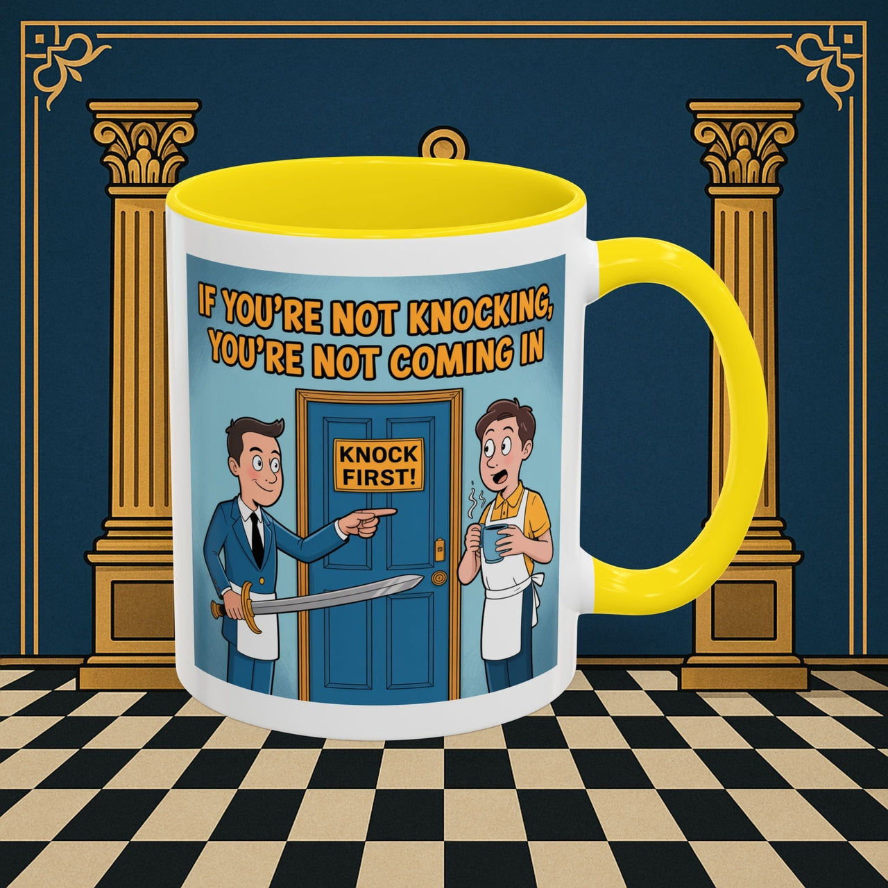 Premium Ready to Go Freemason Design | Accent Coloured 11oz Mug | Knock or Else | Inner Guard - Masonic Mugs