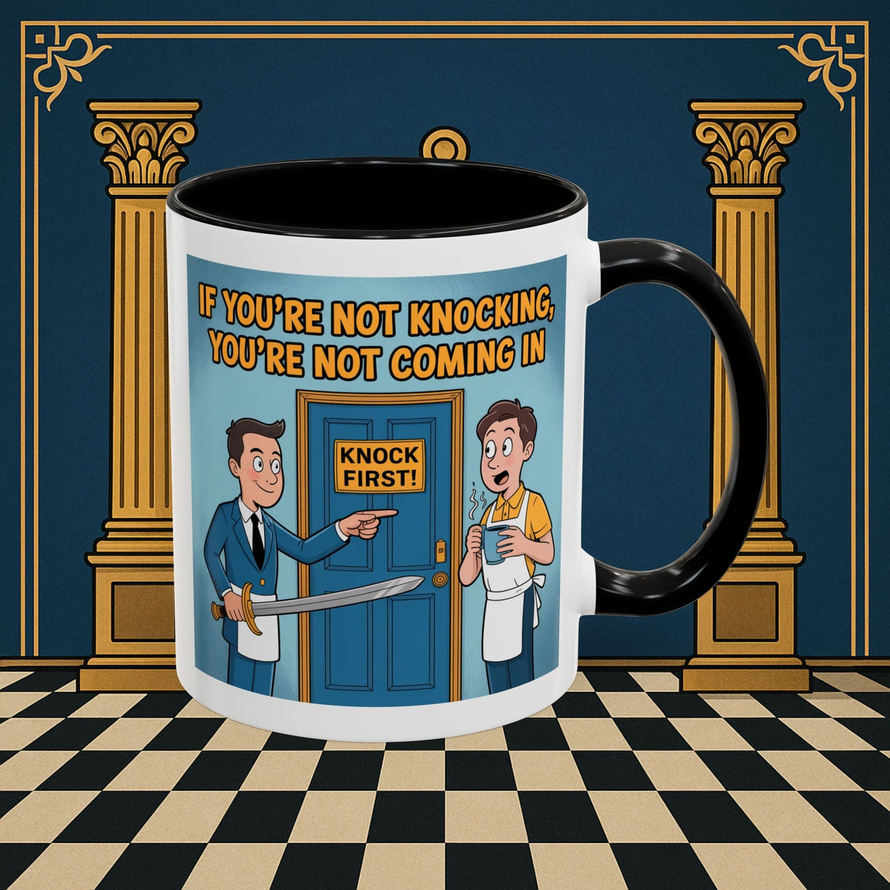 Premium Ready to Go Freemason Design | Accent Coloured 11oz Mug | Knock or Else | Inner Guard - Masonic Mugs