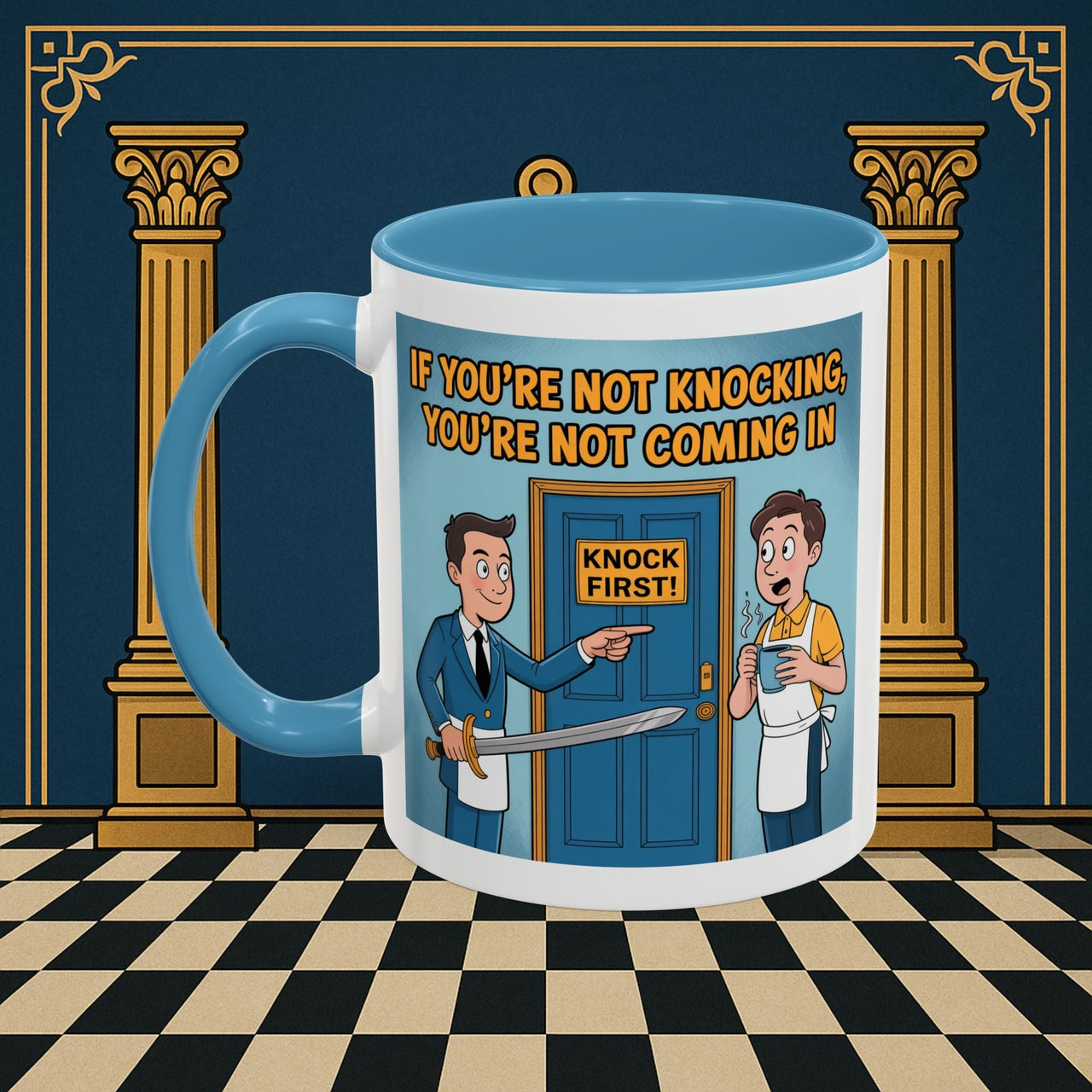 Premium Ready to Go Freemason Design | Accent Coloured 11oz Mug | Knock or Else | Inner Guard - Masonic Mugs