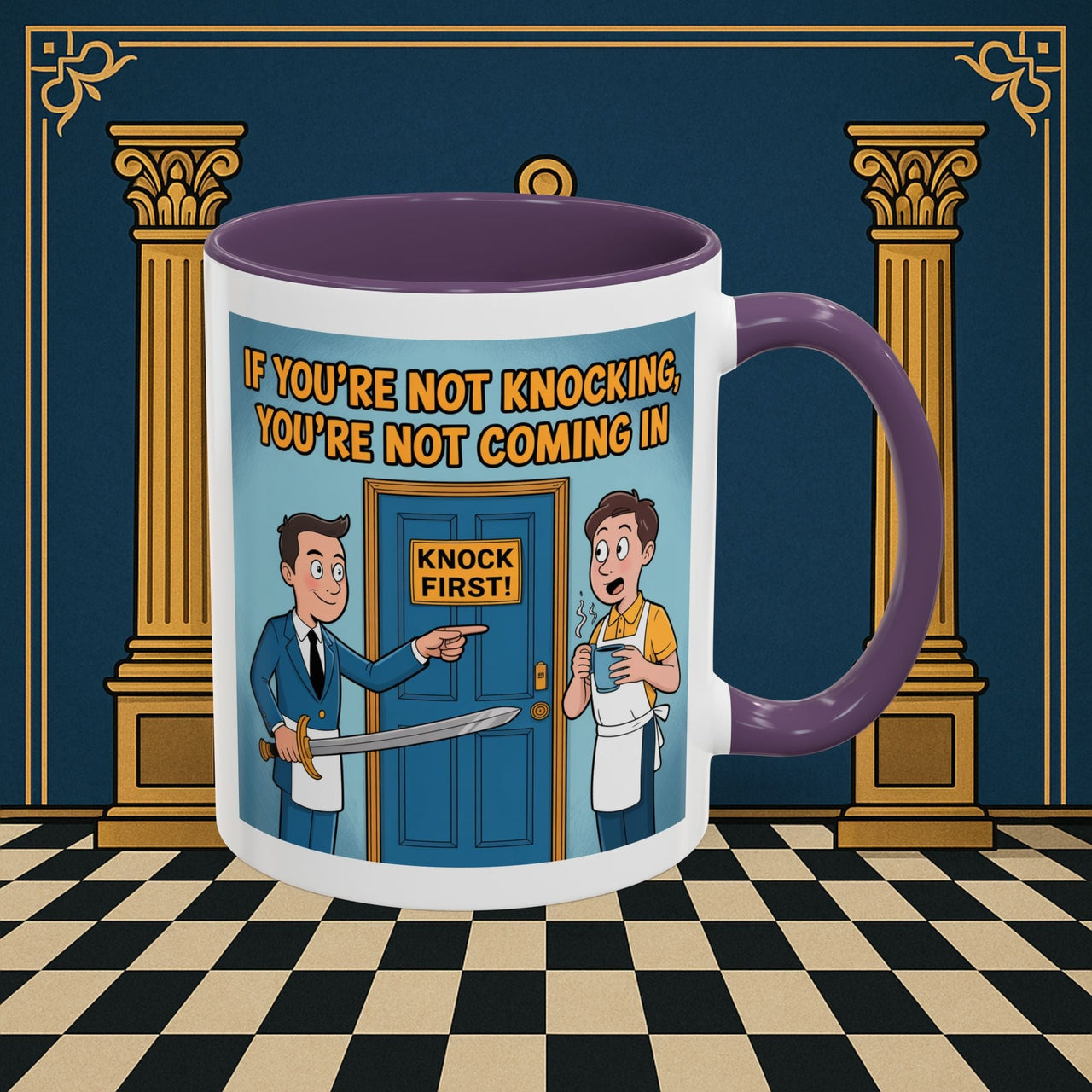 Premium Ready to Go Freemason Design | Accent Coloured 11oz Mug | Knock or Else | Inner Guard - Masonic Mugs