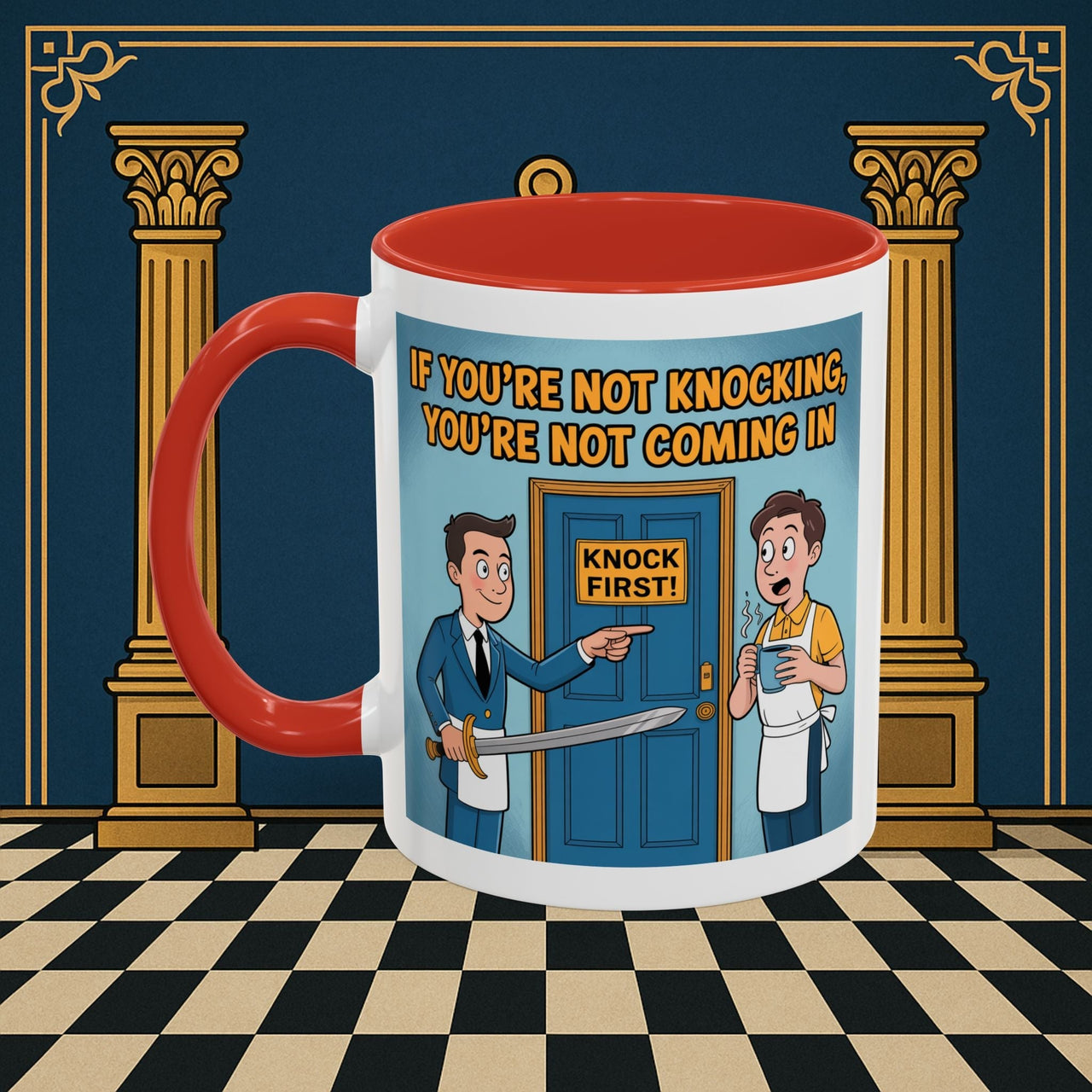 Premium Ready to Go Freemason Design | Accent Coloured 11oz Mug | Knock or Else | Inner Guard - Masonic Mugs