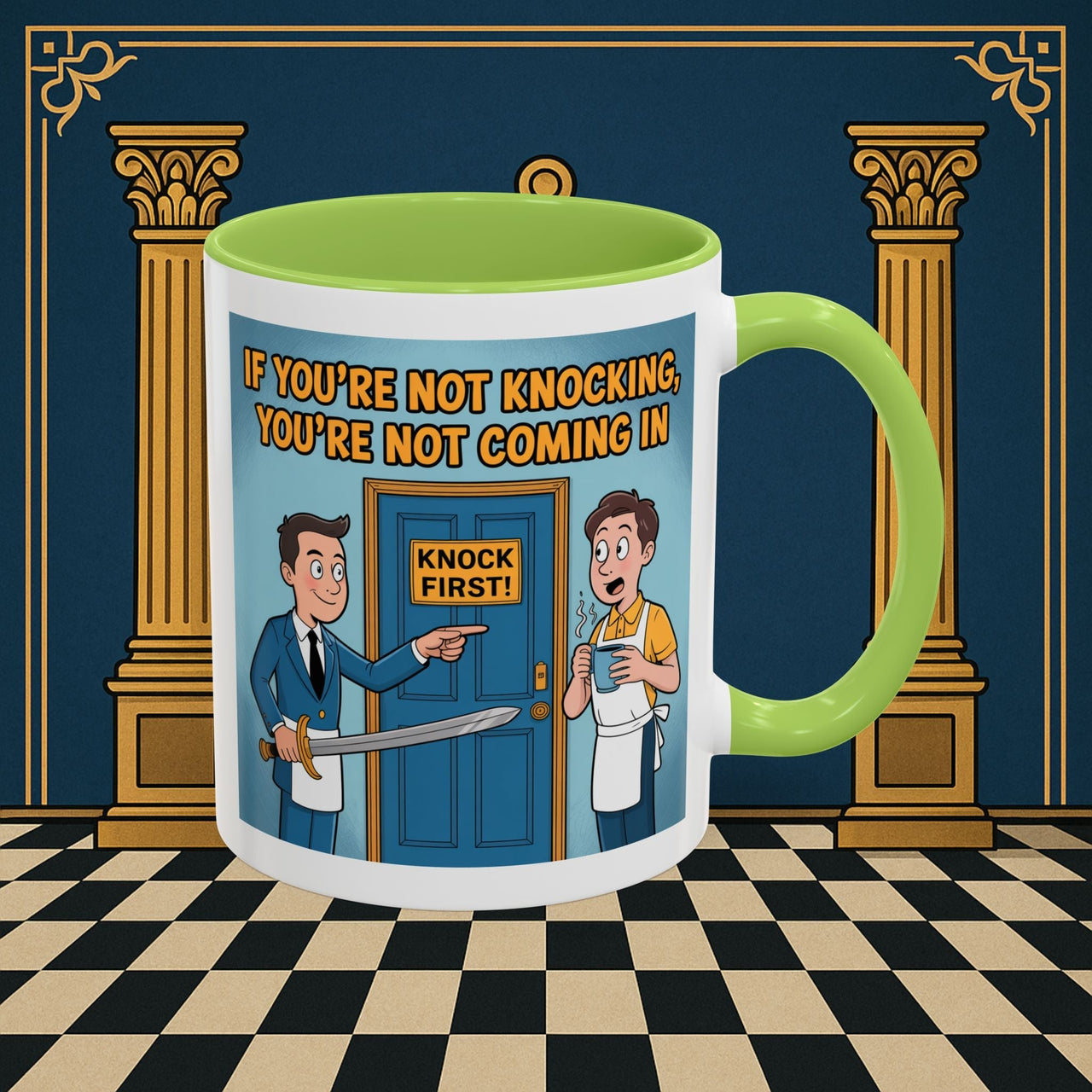 Premium Ready to Go Freemason Design | Accent Coloured 11oz Mug | Knock or Else | Inner Guard - Masonic Mugs