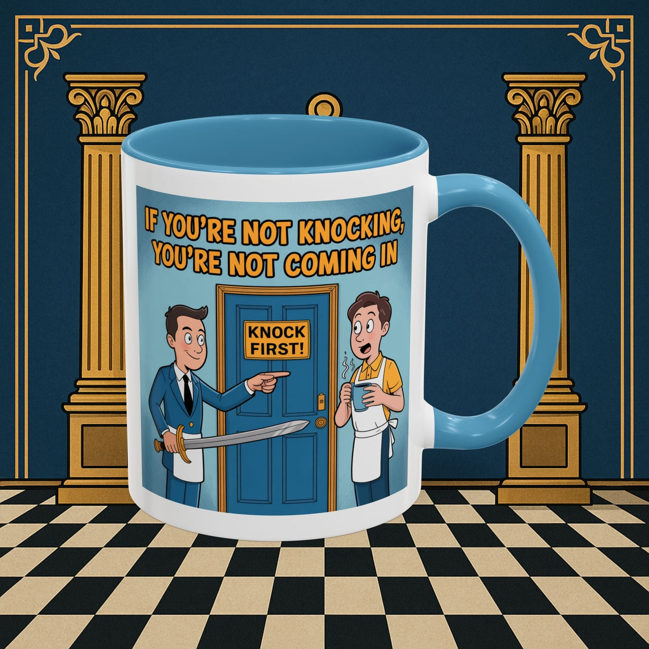 Premium Ready to Go Freemason Design | Accent Coloured 11oz Mug | Knock or Else | Inner Guard - Masonic Mugs