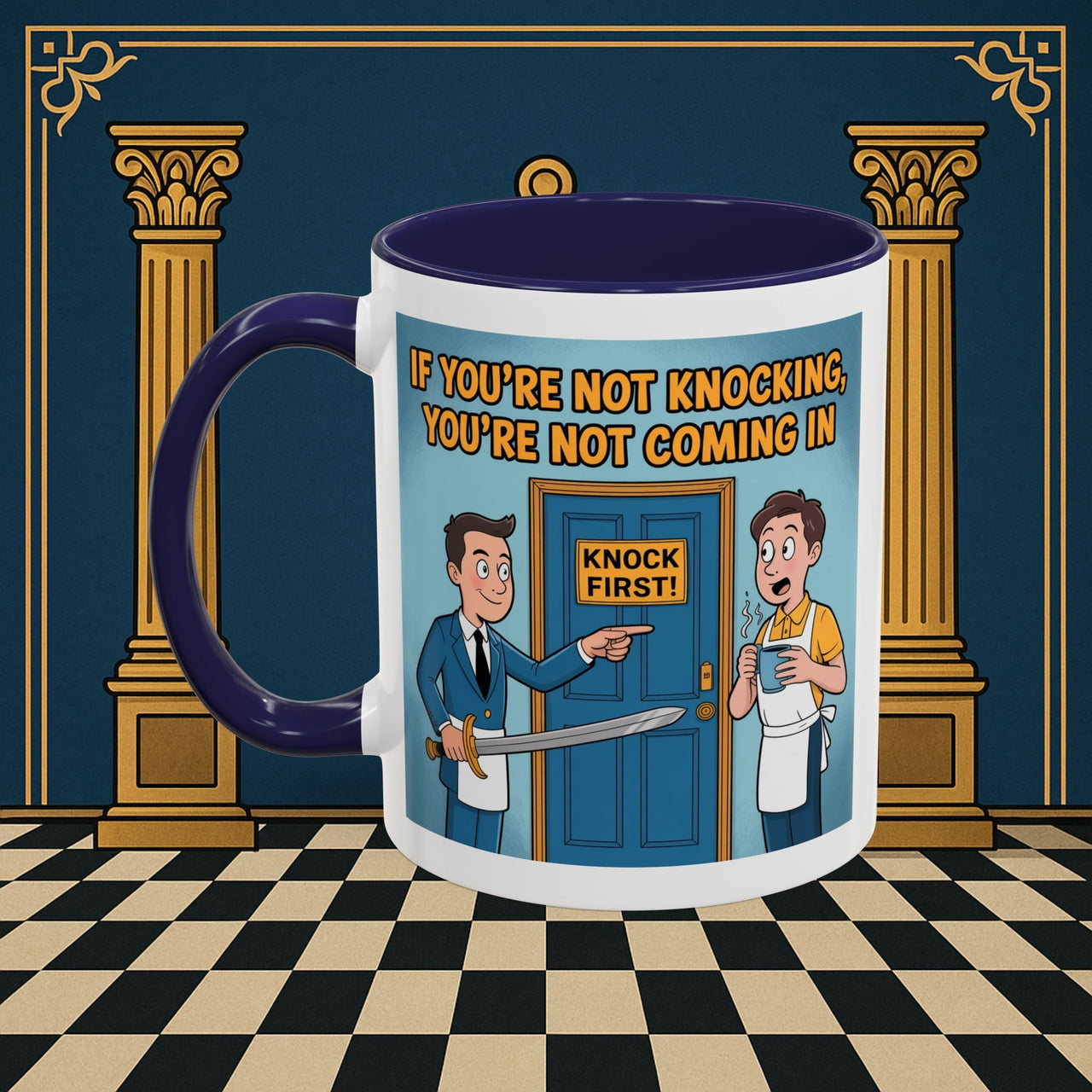 Premium Ready to Go Freemason Design | Accent Coloured 11oz Mug | Knock or Else | Inner Guard - Masonic Mugs
