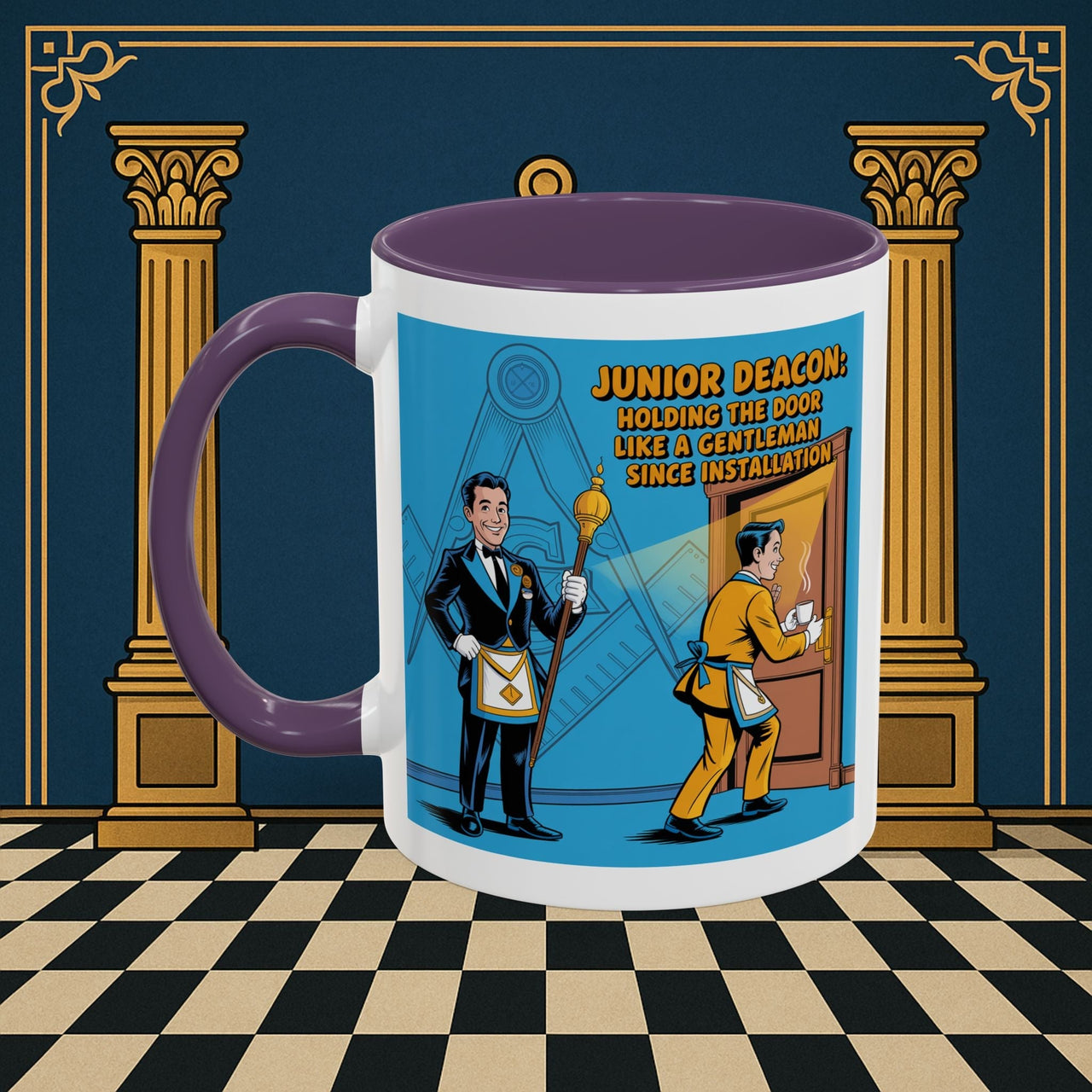 Premium Ready to Go Freemason Design | Masonic Manners: Vintage Cartoon Guide to Junior Deacon Etiquette, Junior Deacon - Masonic Mugs