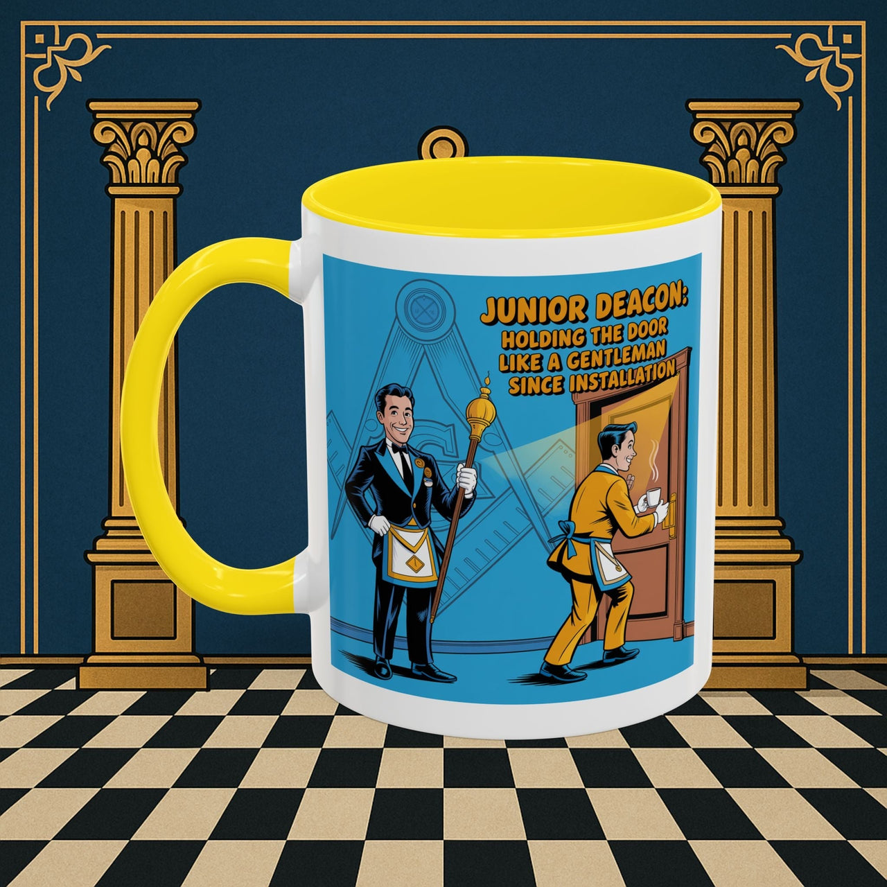 Premium Ready to Go Freemason Design | Masonic Manners: Vintage Cartoon Guide to Junior Deacon Etiquette, Junior Deacon - Masonic Mugs