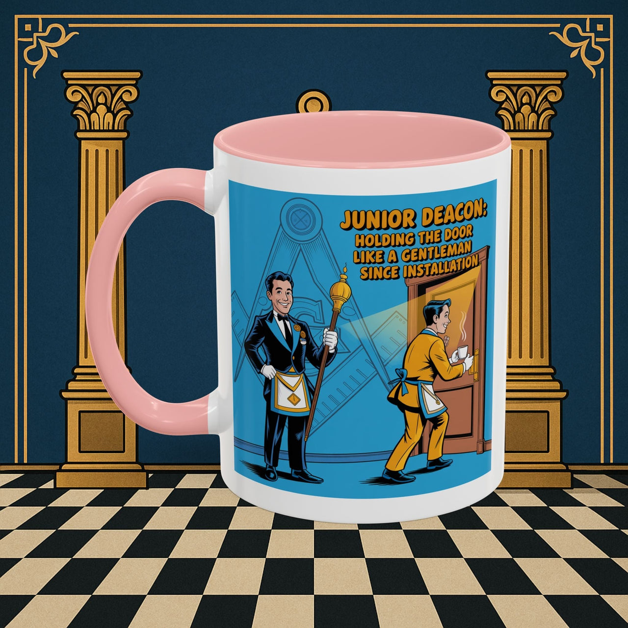 Premium Ready to Go Freemason Design | Masonic Manners: Vintage Cartoon Guide to Junior Deacon Etiquette, Junior Deacon - Masonic Mugs
