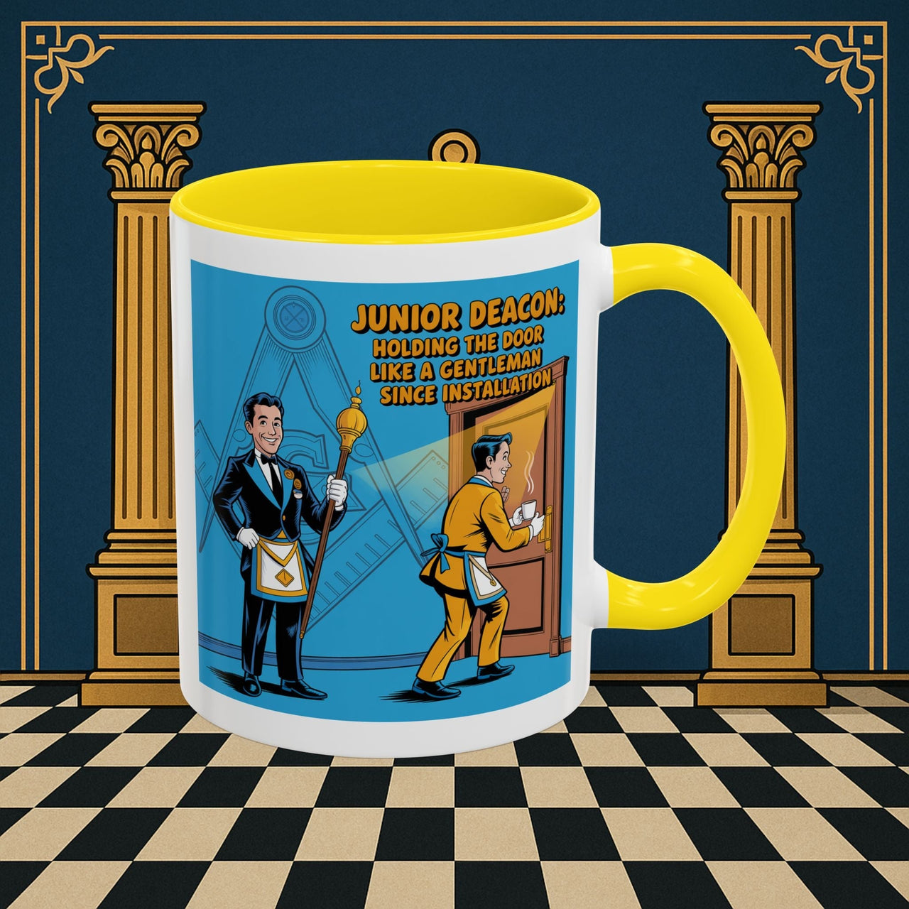 Premium Ready to Go Freemason Design | Masonic Manners: Vintage Cartoon Guide to Junior Deacon Etiquette, Junior Deacon - Masonic Mugs