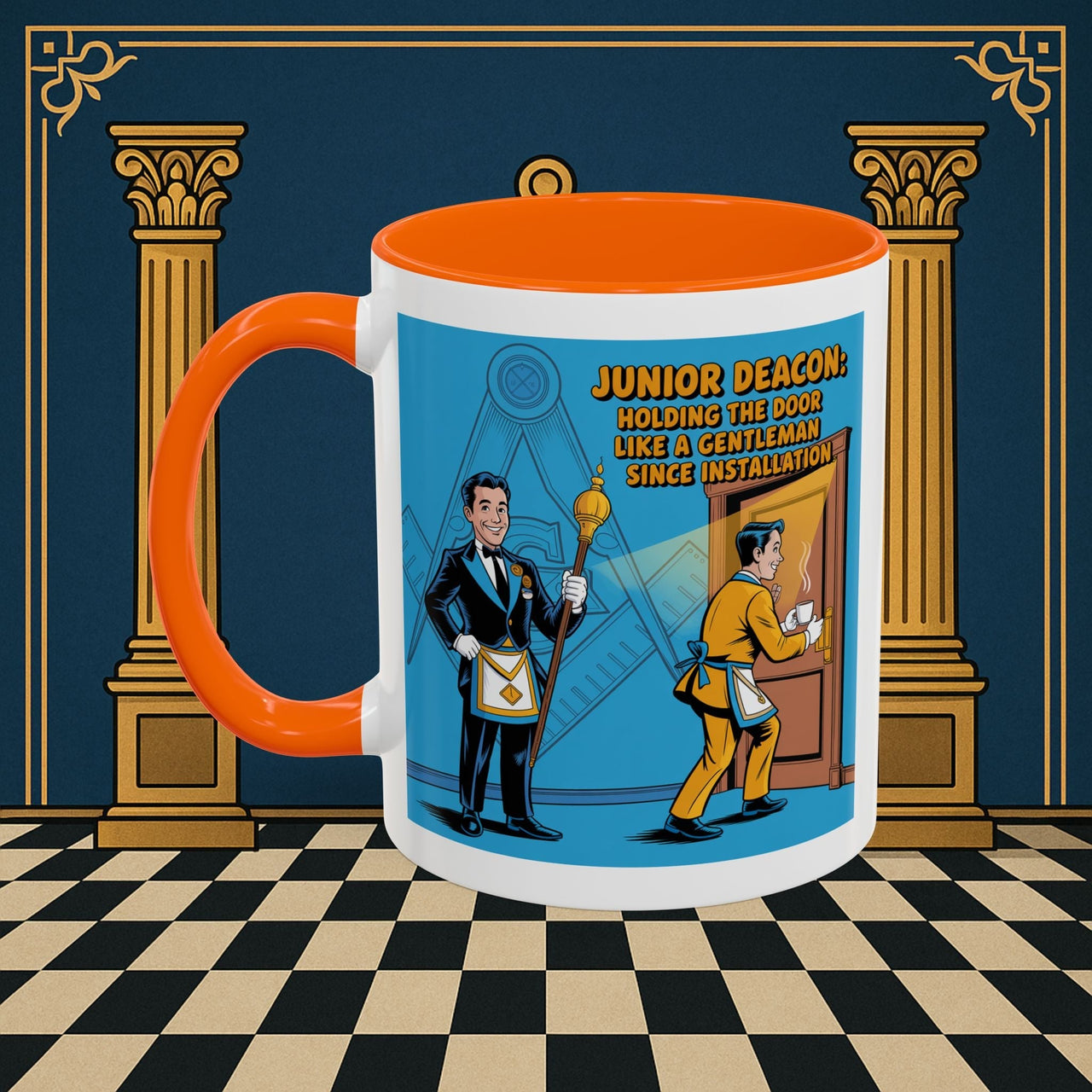 Premium Ready to Go Freemason Design | Masonic Manners: Vintage Cartoon Guide to Junior Deacon Etiquette, Junior Deacon - Masonic Mugs