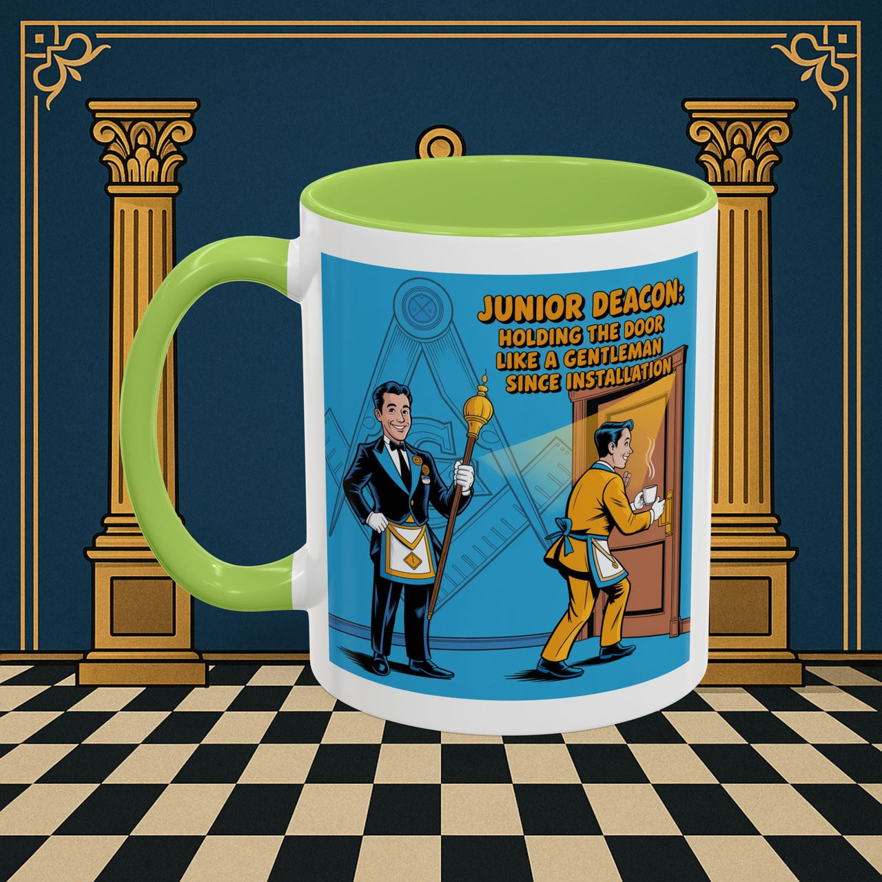 Premium Ready to Go Freemason Design | Masonic Manners: Vintage Cartoon Guide to Junior Deacon Etiquette, Junior Deacon - Masonic Mugs