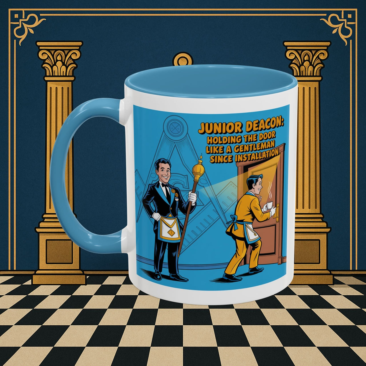 Premium Ready to Go Freemason Design | Masonic Manners: Vintage Cartoon Guide to Junior Deacon Etiquette, Junior Deacon - Masonic Mugs
