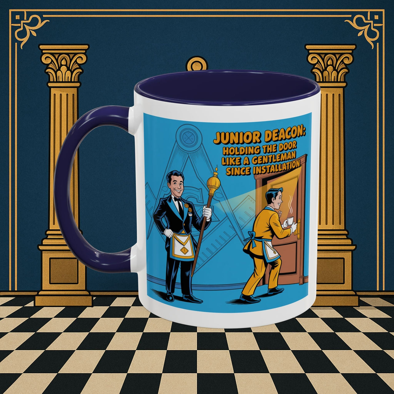 Premium Ready to Go Freemason Design | Masonic Manners: Vintage Cartoon Guide to Junior Deacon Etiquette, Junior Deacon - Masonic Mugs