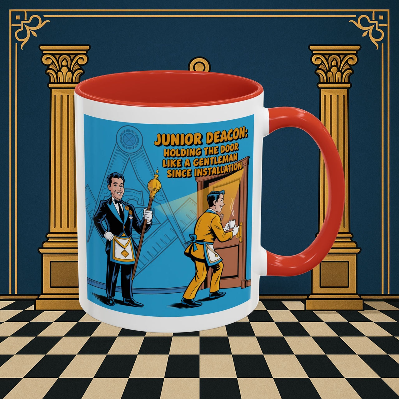 Premium Ready to Go Freemason Design | Masonic Manners: Vintage Cartoon Guide to Junior Deacon Etiquette, Junior Deacon - Masonic Mugs