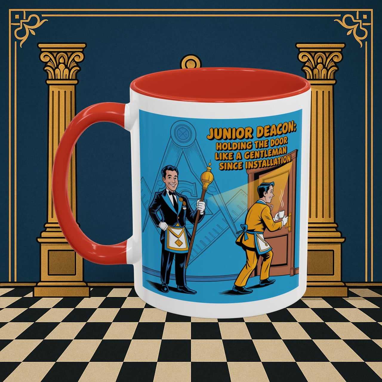 Premium Ready to Go Freemason Design | Masonic Manners: Vintage Cartoon Guide to Junior Deacon Etiquette, Junior Deacon - Masonic Mugs