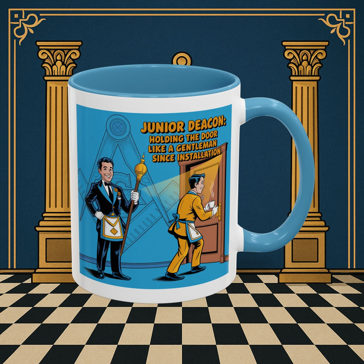 Premium Ready to Go Freemason Design | Masonic Manners: Vintage Cartoon Guide to Junior Deacon Etiquette, Junior Deacon - Masonic Mugs