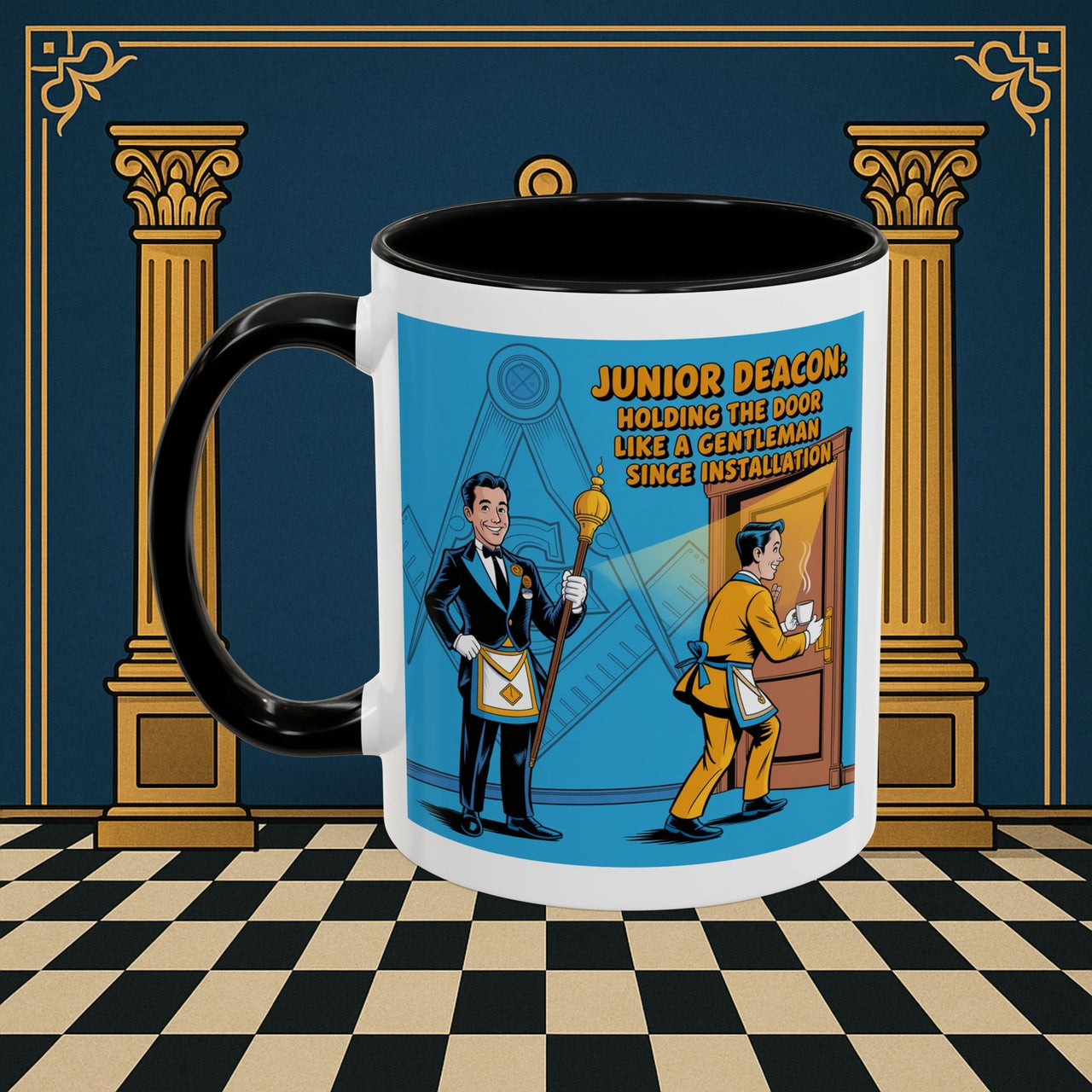 Premium Ready to Go Freemason Design | Masonic Manners: Vintage Cartoon Guide to Junior Deacon Etiquette, Junior Deacon - Masonic Mugs