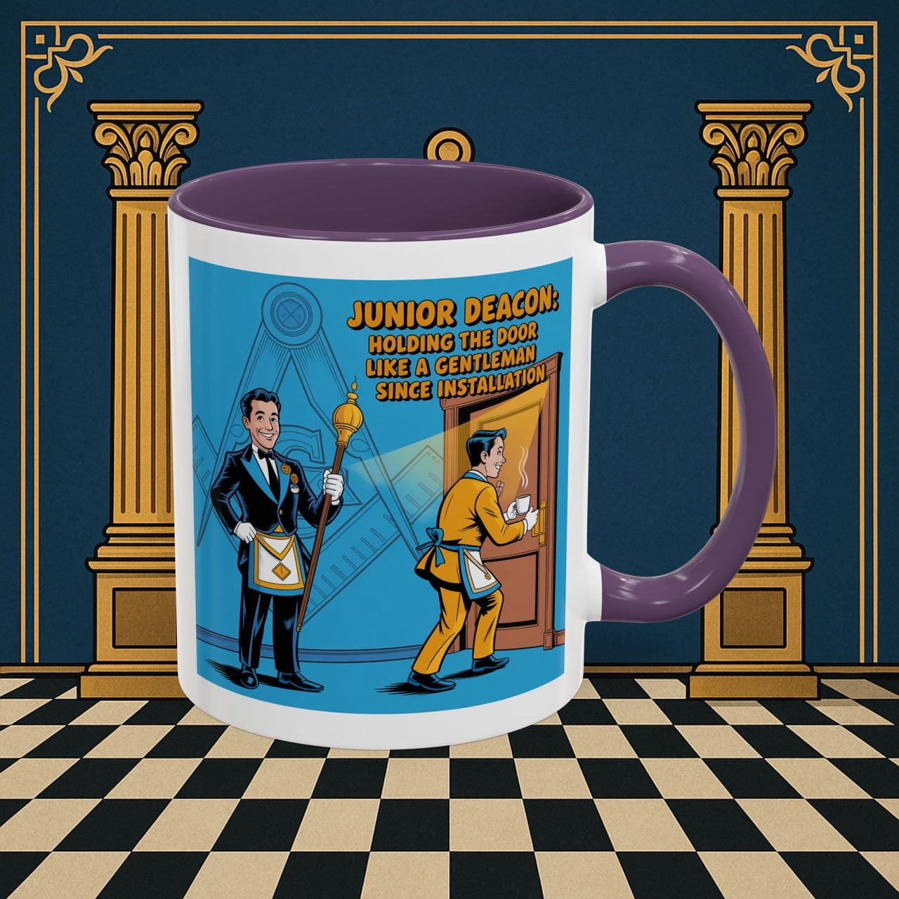 Premium Ready to Go Freemason Design | Masonic Manners: Vintage Cartoon Guide to Junior Deacon Etiquette, Junior Deacon - Masonic Mugs